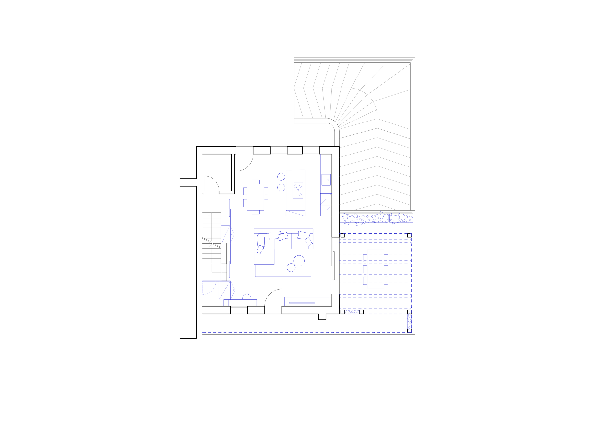Pianta di un open space con zona soggiorno e zona cucina, con un giardino o patio esterno visibile sulla destra.