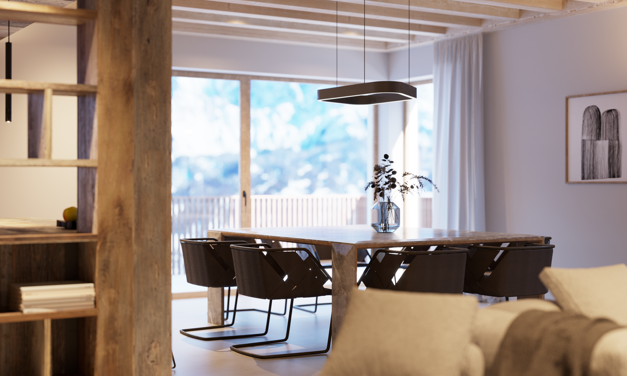 Interior di una sala da pranzo con tavolo in legno, sedie nere, finestra grande con vista su una area innevata, e decorazioni moderne.
