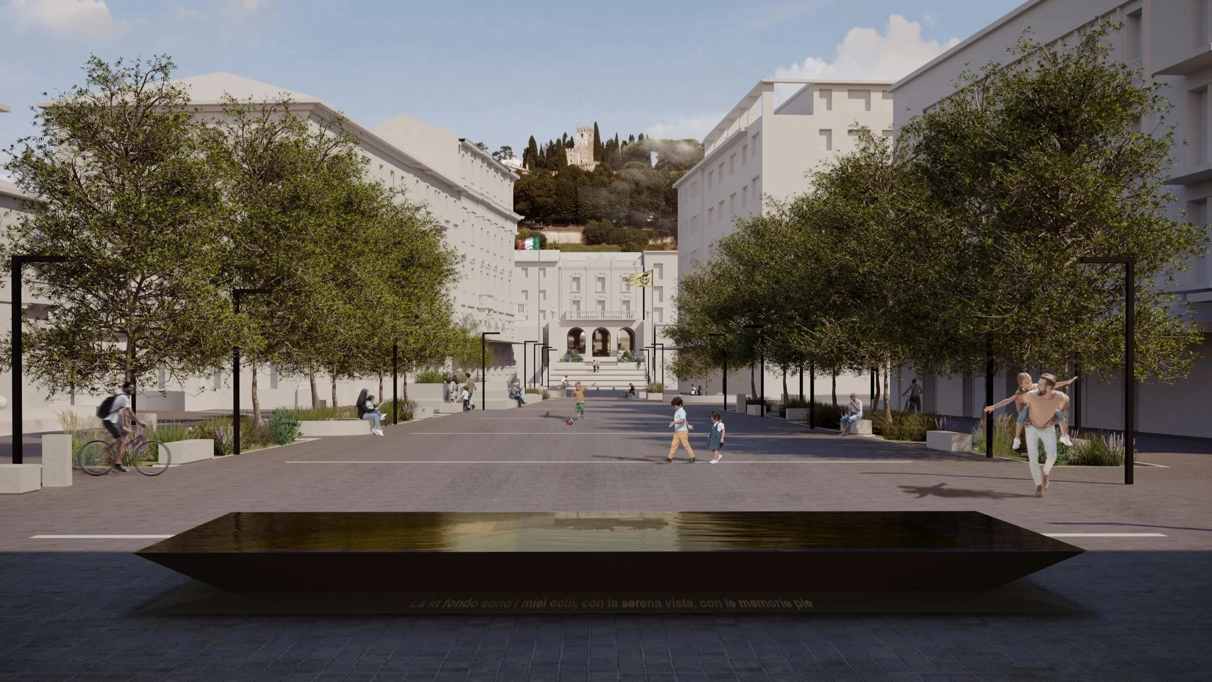 Pianta di una piazza moderna con alberi, panchine, persone che passeggiano e bambini che giocano, con edifici bianchi sullo sfondo e un castello in alto su una collina.