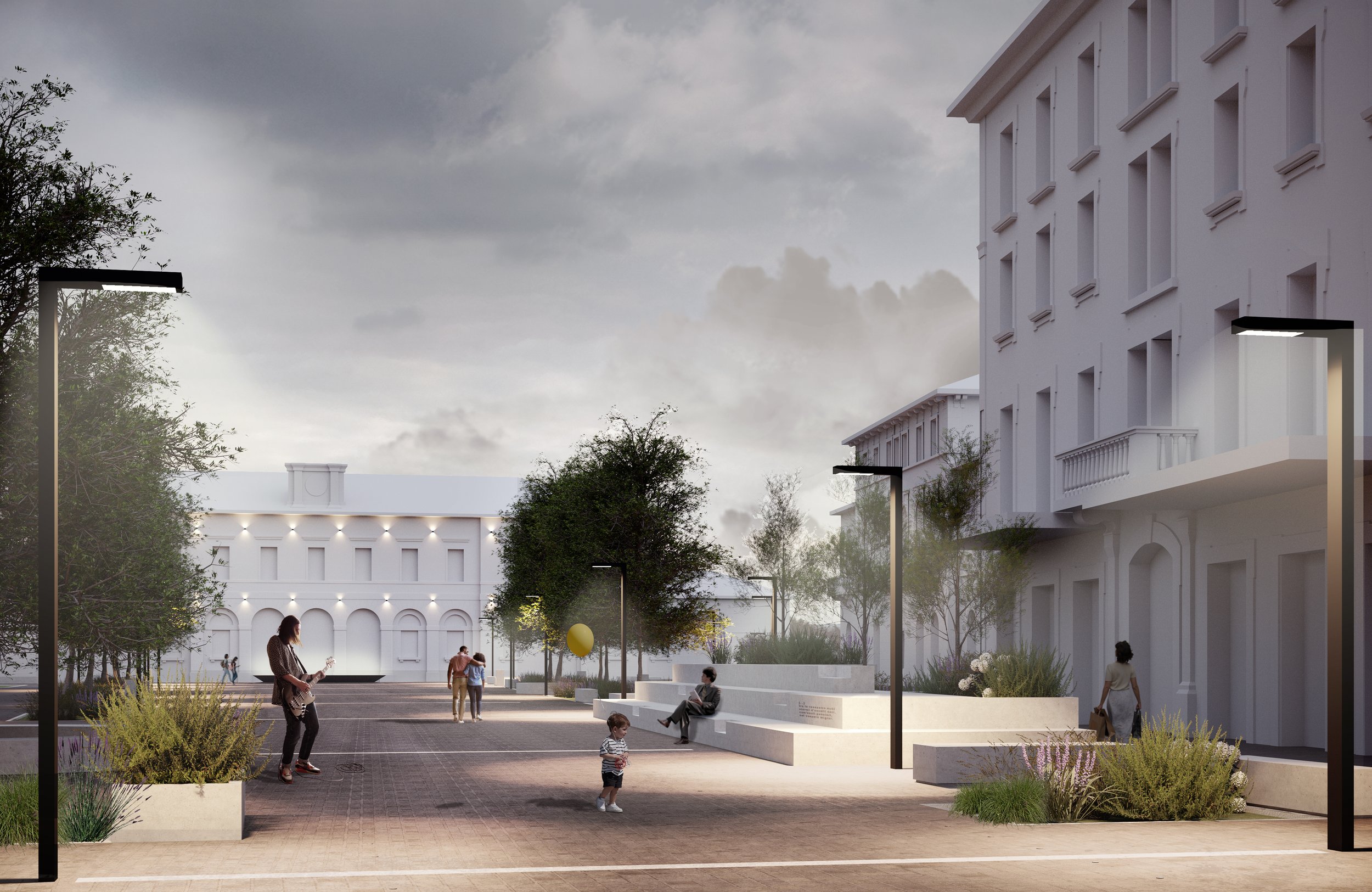 Rendering di una piazza urbana con persone, alberi, panchine di cemento bianco, lampioni moderni e edifici bianchi di stile classico, cielo nuvoloso.