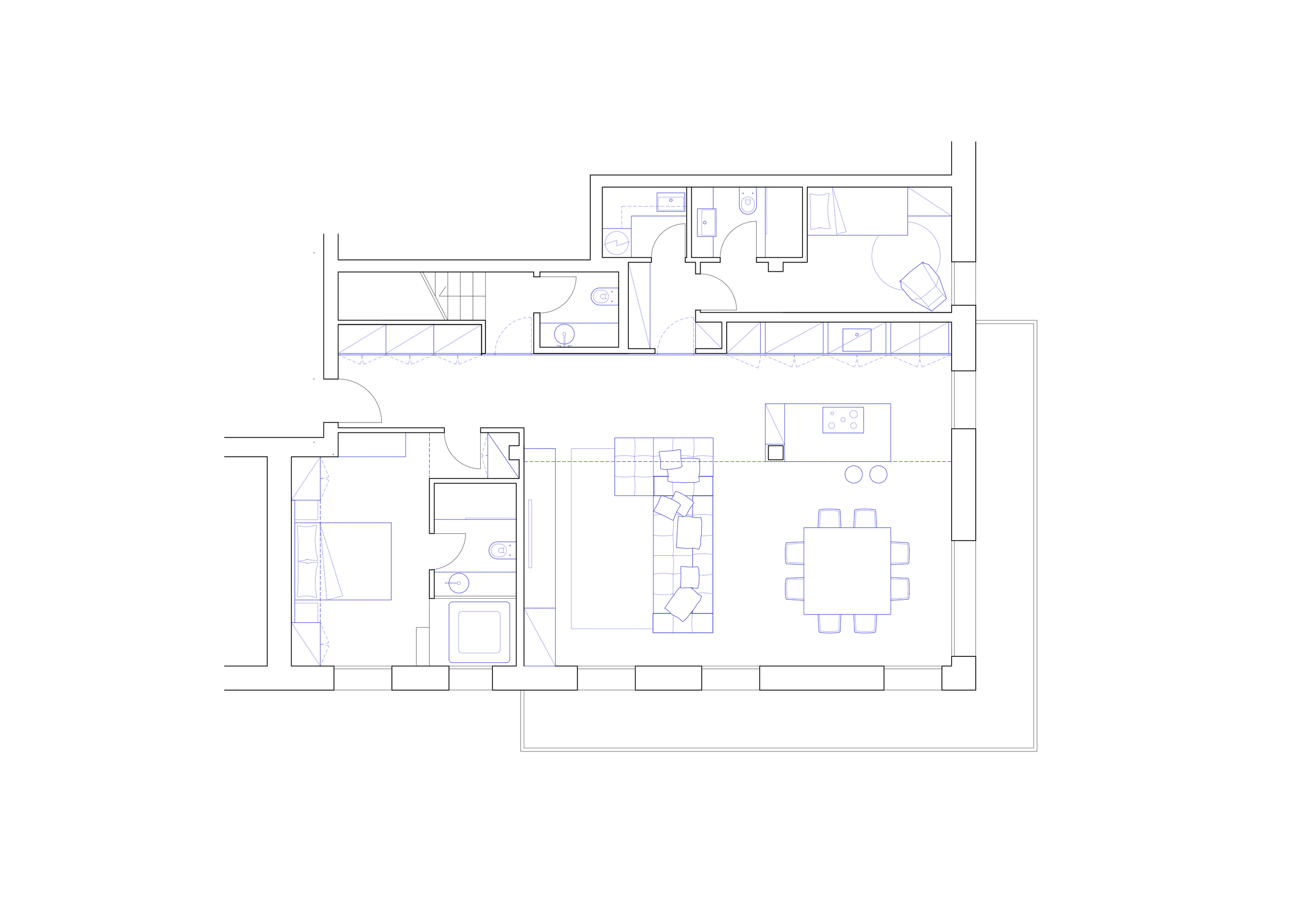 Pianta di un appartamento con soggiorno, cucina, camera da letto, bagno, e terrazza.