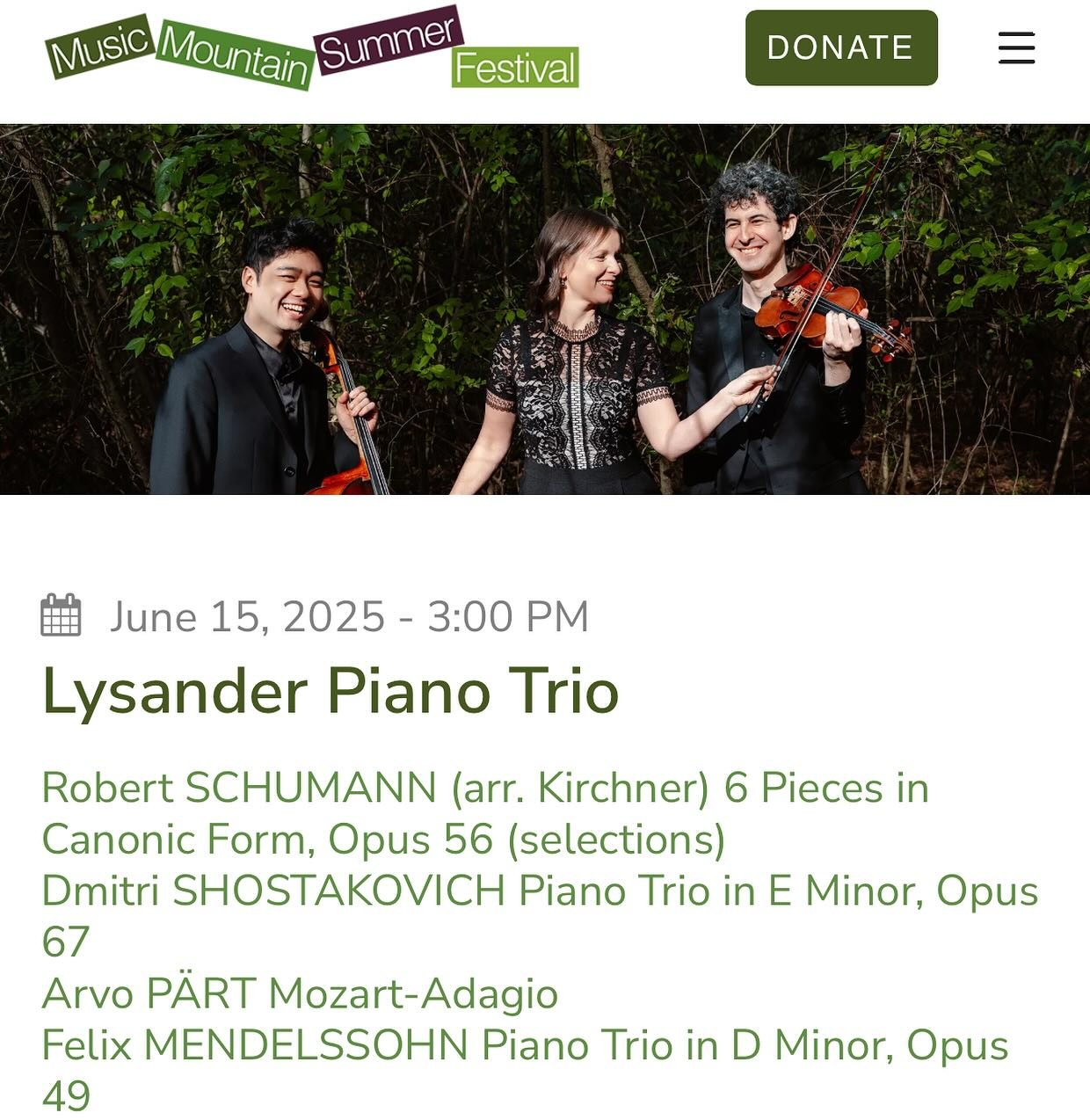 Last concert of the season alert! Join us at Music Mountain Festival @musicmountainct on June 15! 🎵 #pianotrio #chambermusic #shostakovichanniversary #classicalmusicians #violin #cello #piano