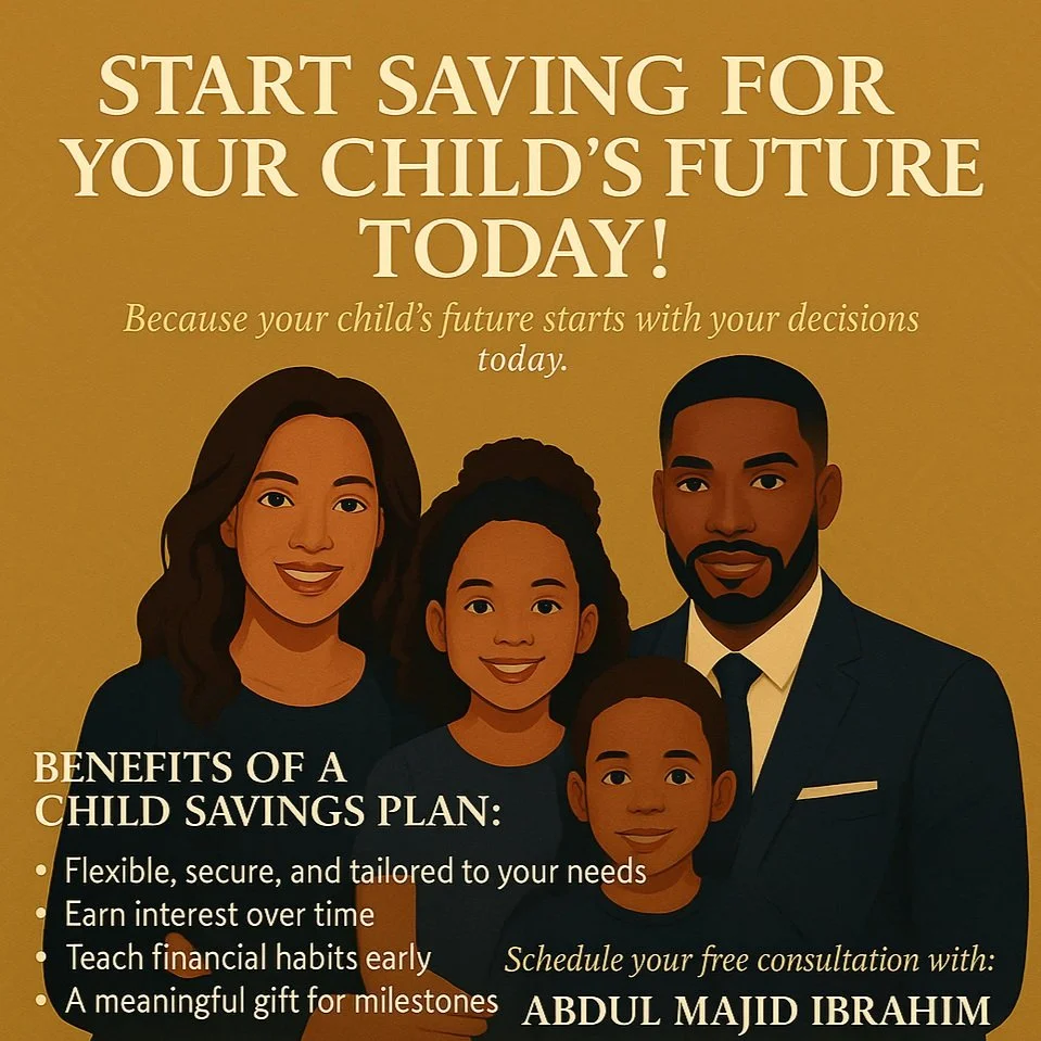Illustration of a family with two parents and two children, promoting a child savings plan, with text encouraging starting to save for a child's future.