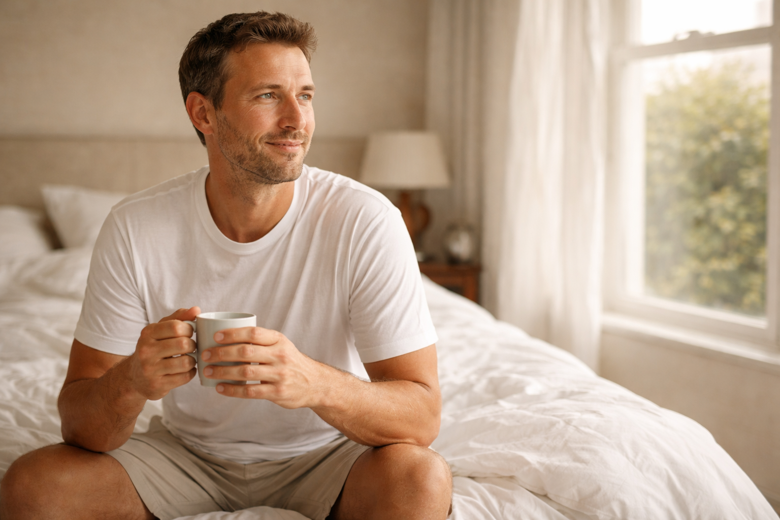 Man feeling refreshed after sleep apnoea treatment — illustrating the benefits of diagnosis and care