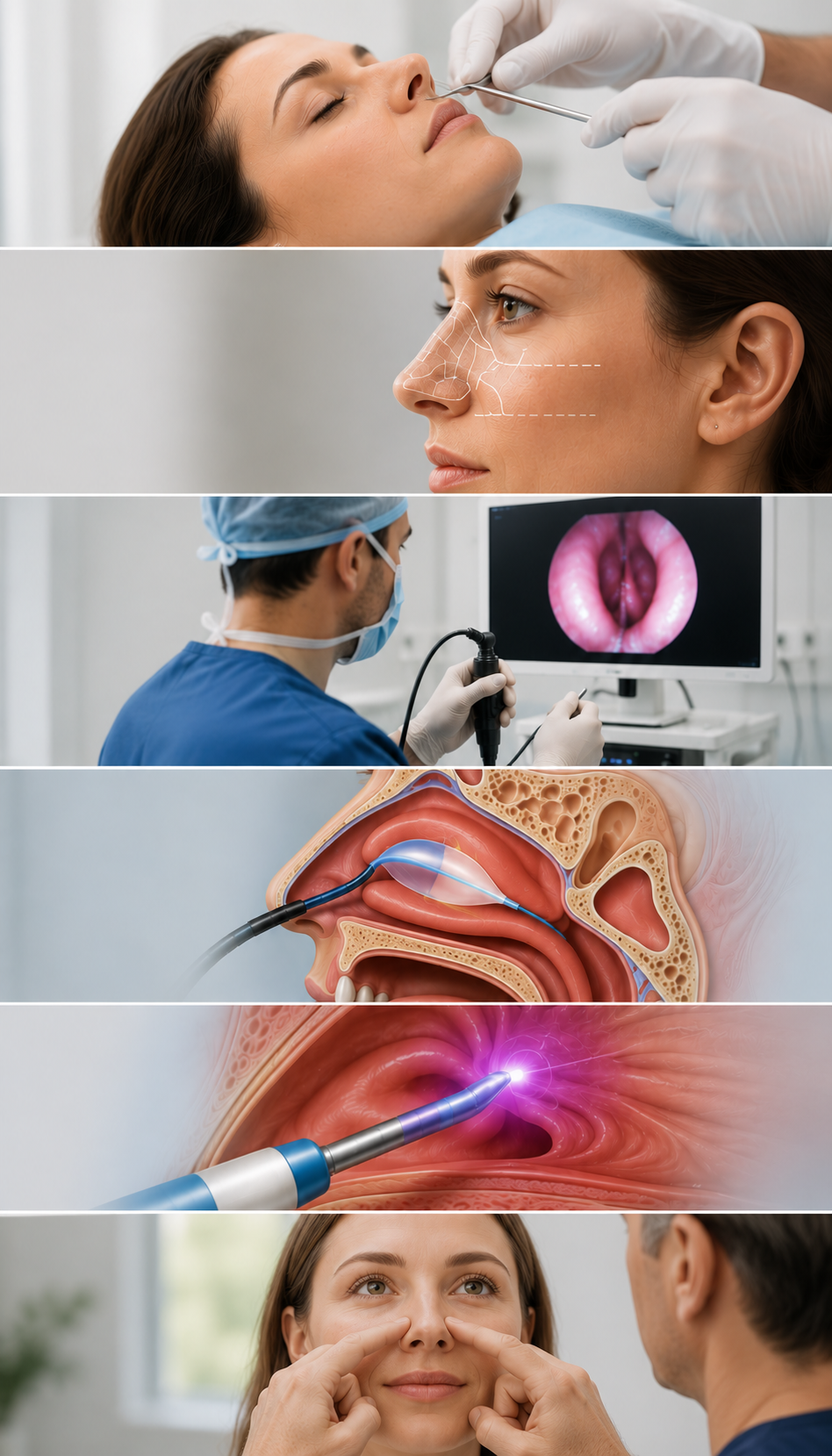 Septoplasty and turbinate surgery, septorhinoplasty, functional endoscopic sinus surgery (FESS), balloon sinuplasty, coblation therapy, nasal valve surgery