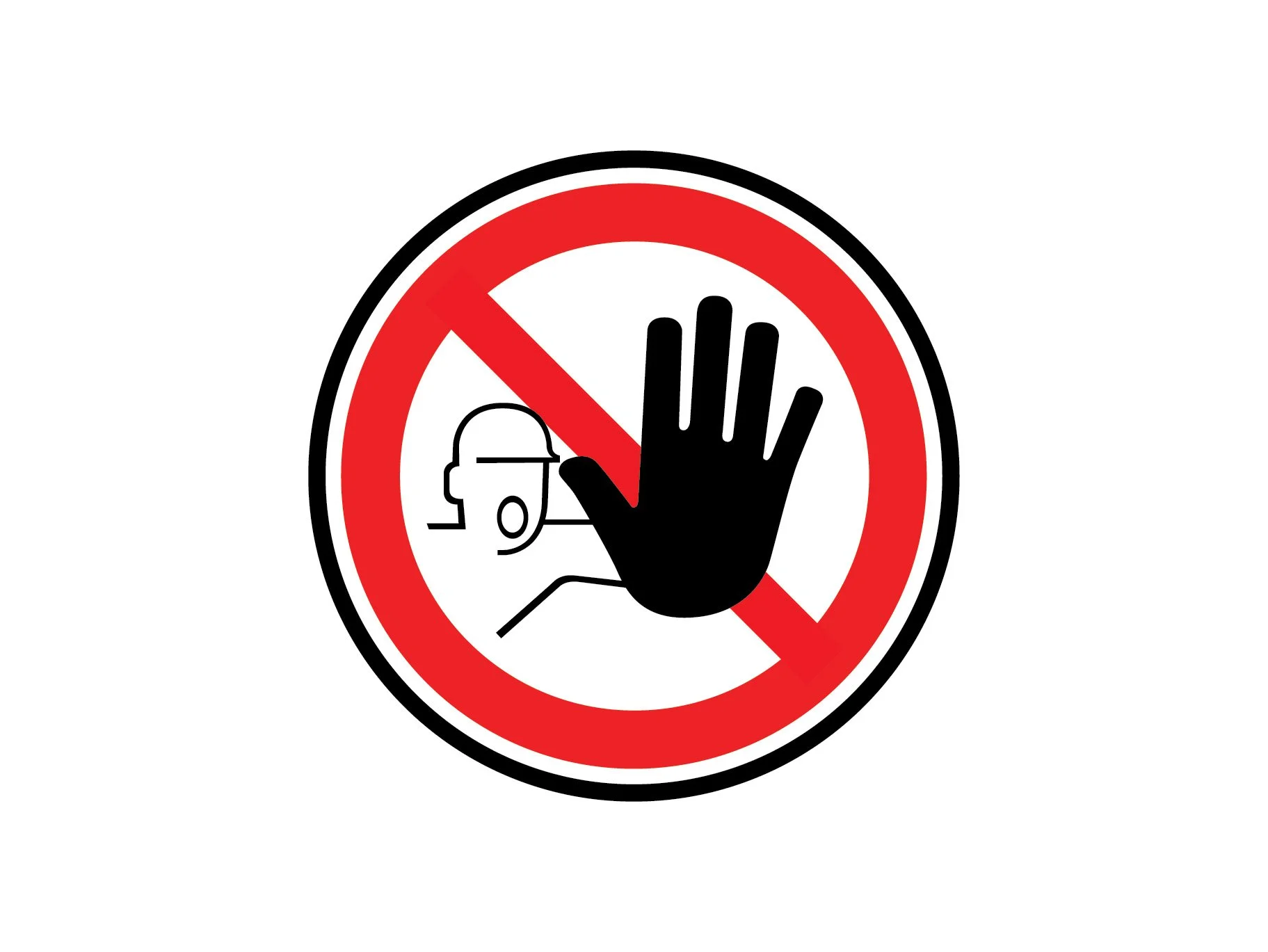 Prohibition sign with a crossed-out can of food and a black hand raised in stop gesture.