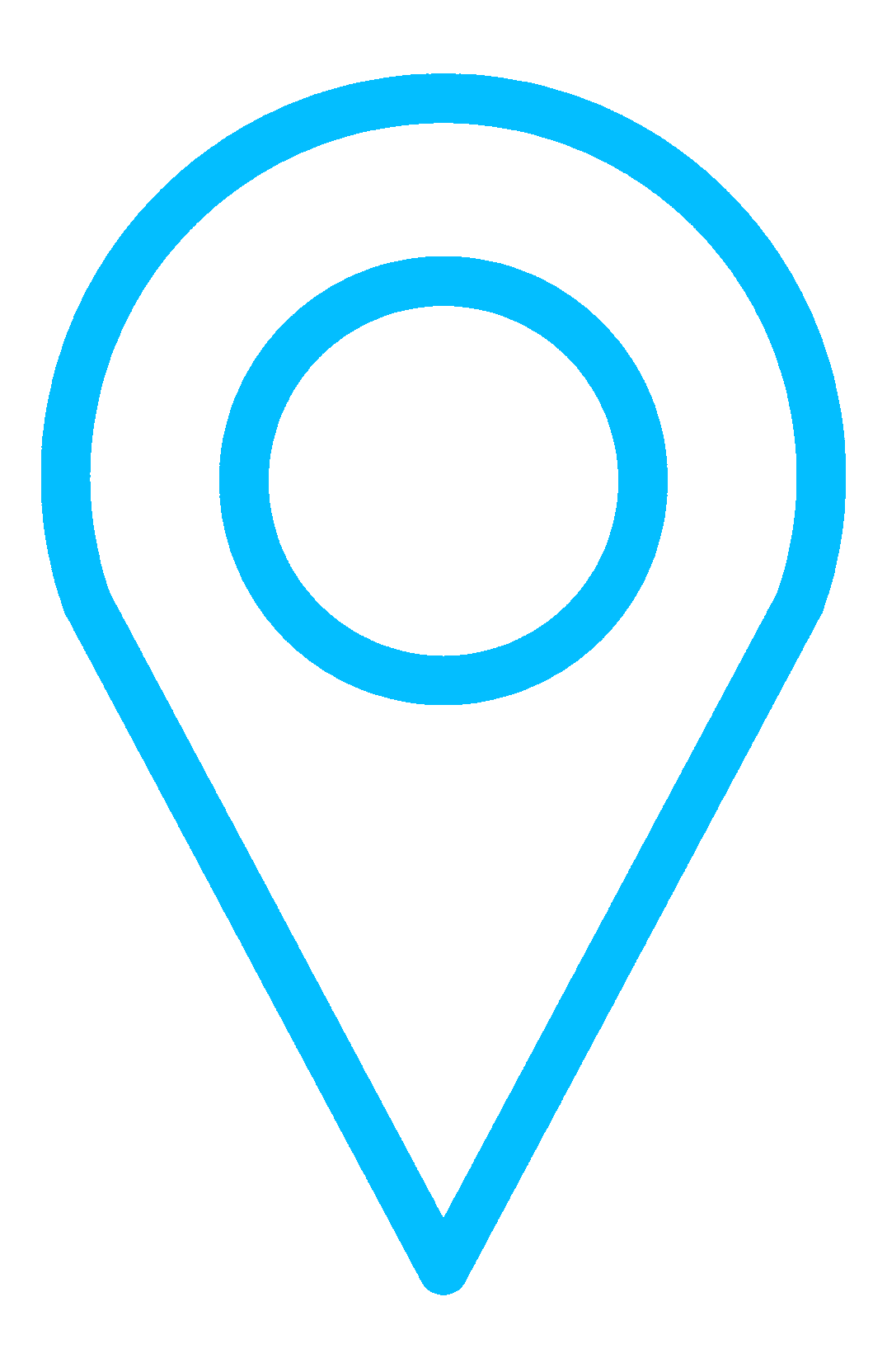 A digital map pin icon outlined in bright blue.