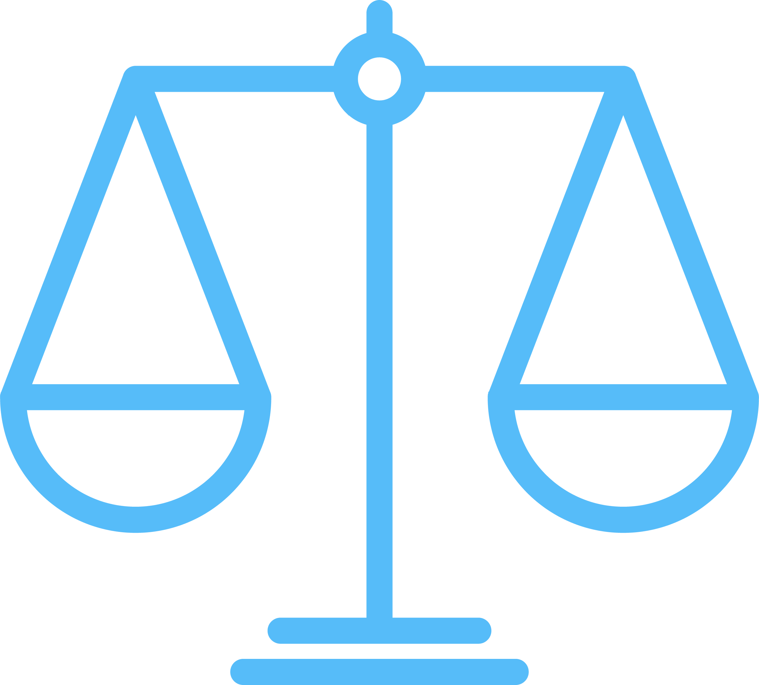 Outline of a balance scale, depicted in light blue, with a central support and two pans hanging from chains on either side.