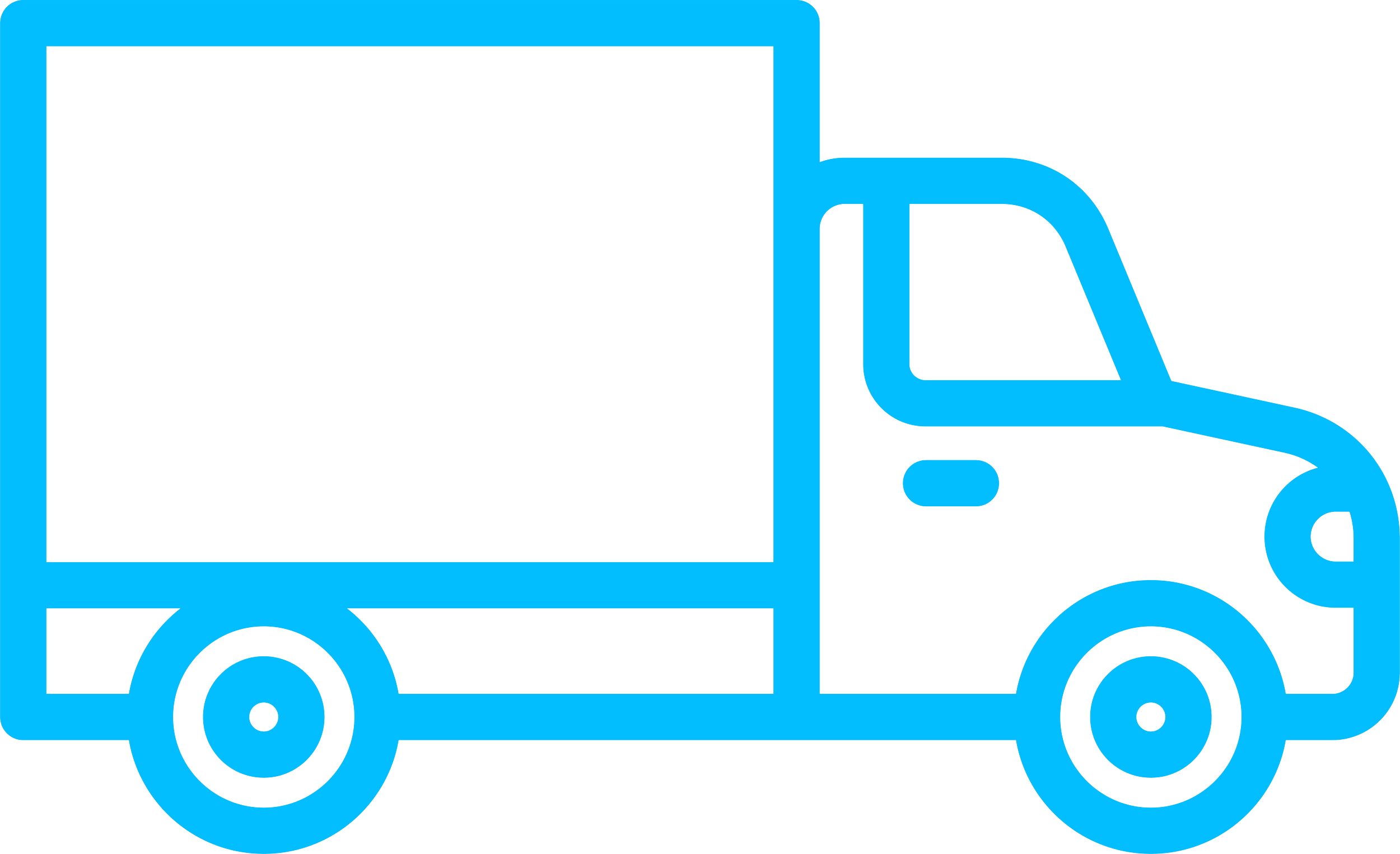 Outline of a delivery truck icon in blue, with the cab on the right and the cargo area on the left, featuring wheels and a window.