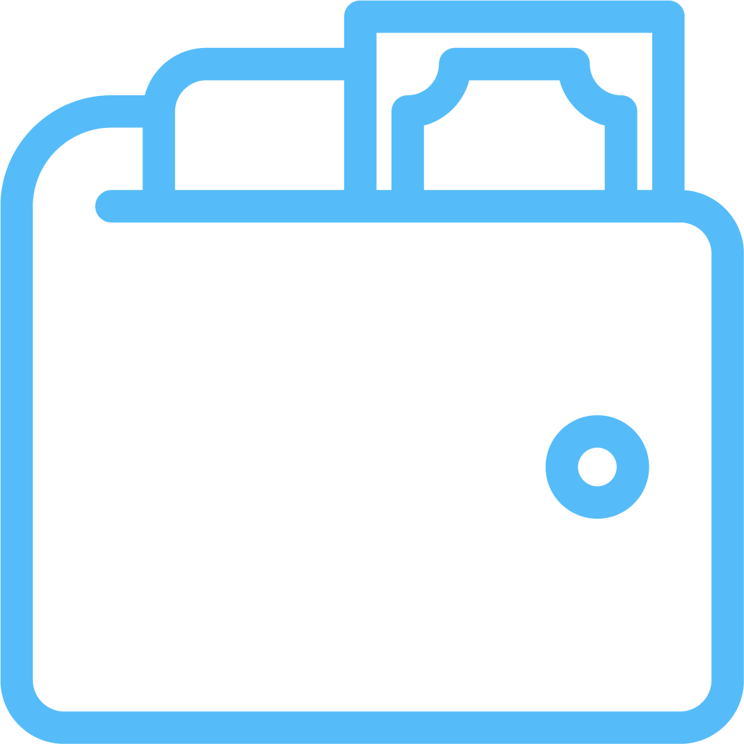 Blue outline of a briefcase with two folders inside.