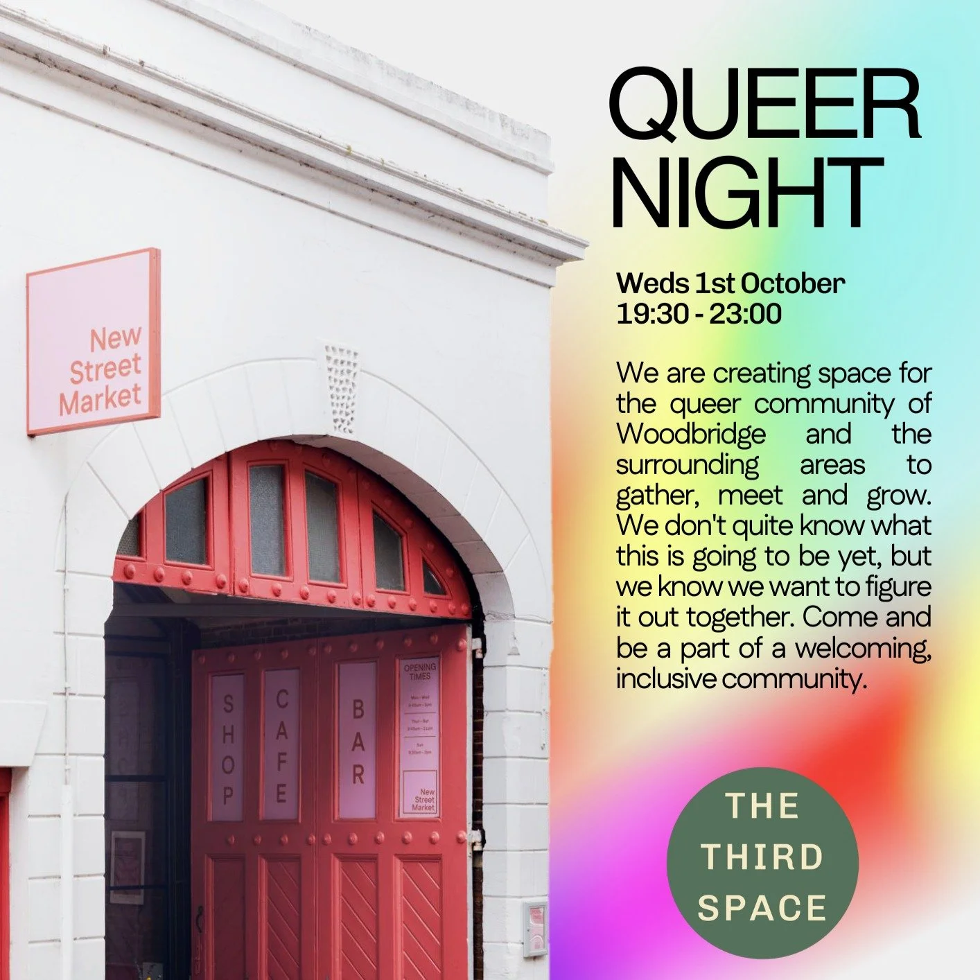 Join us next Weds for our very first Queer Night. 

As part of The Third Space, we're creating space for the queer community of Woodbridge and the surrounding areas to gather meet and grow. A social place to build community and plan for future events