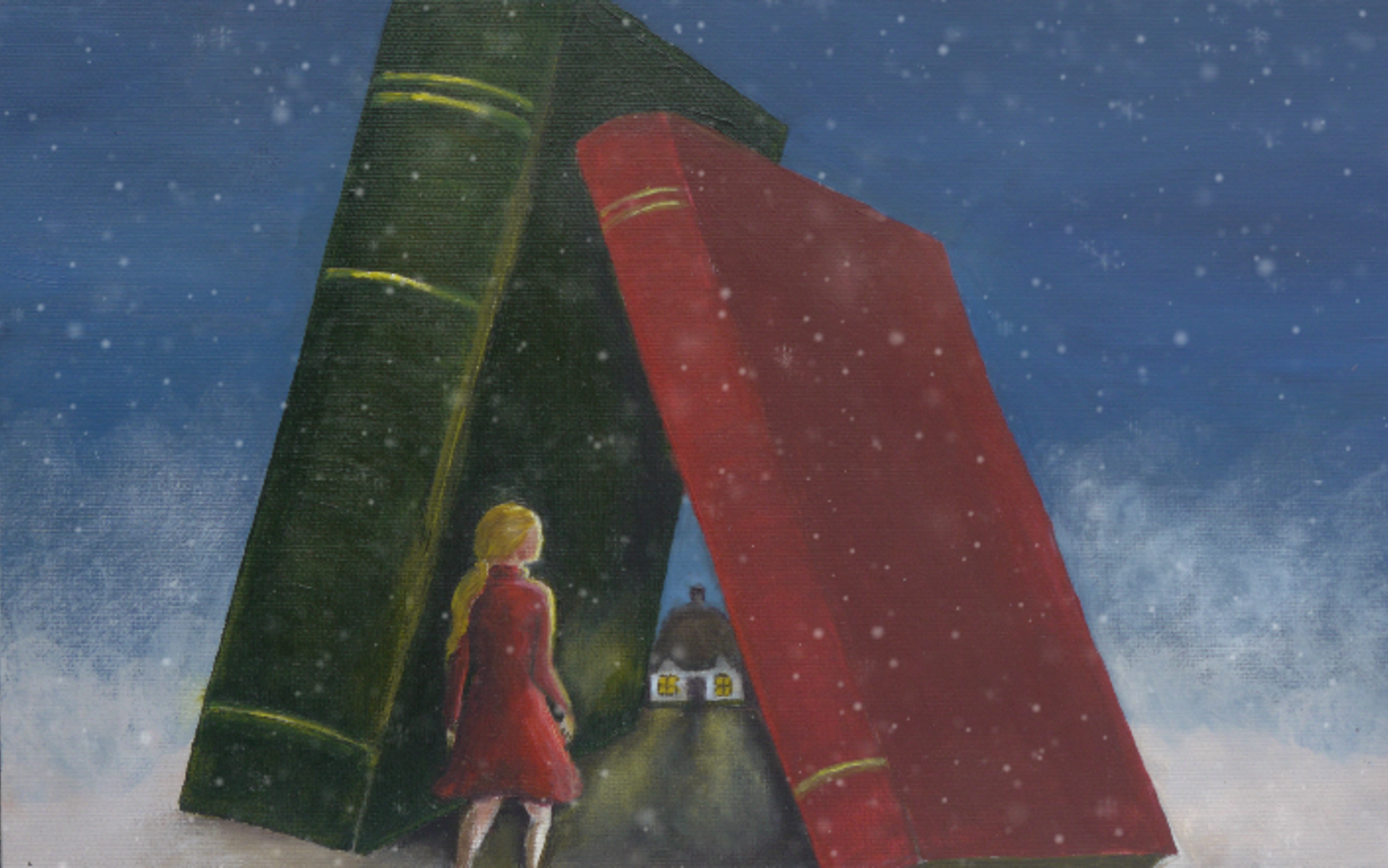 A surreal painting of a girl with blonde hair wearing a red dress walking towards a small house in a snowy landscape. Two enormous, oversized books, one green and one red, are positioned upright on either side of her, forming a makeshift archway.