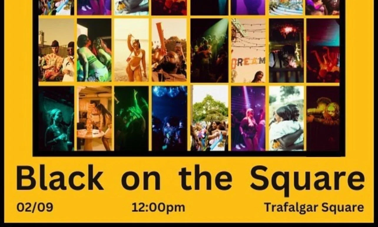 Collage of photos from a party or event, with dancing, socializing, and people enjoying themselves, over a yellow background. The event is titled 'Black on the Square,' happening on February 9th at 12:00 pm at Trafalgar Square.