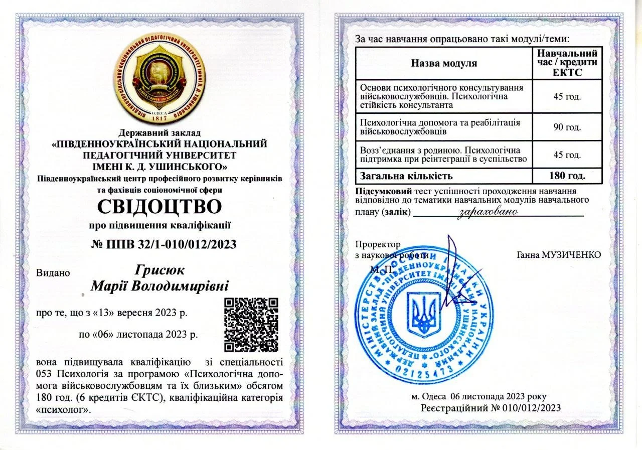 Свідоцтво про підвищення кваліфікації (Психологічна допомога військовослужбовцям та їх близьким)Грисюк.jpg