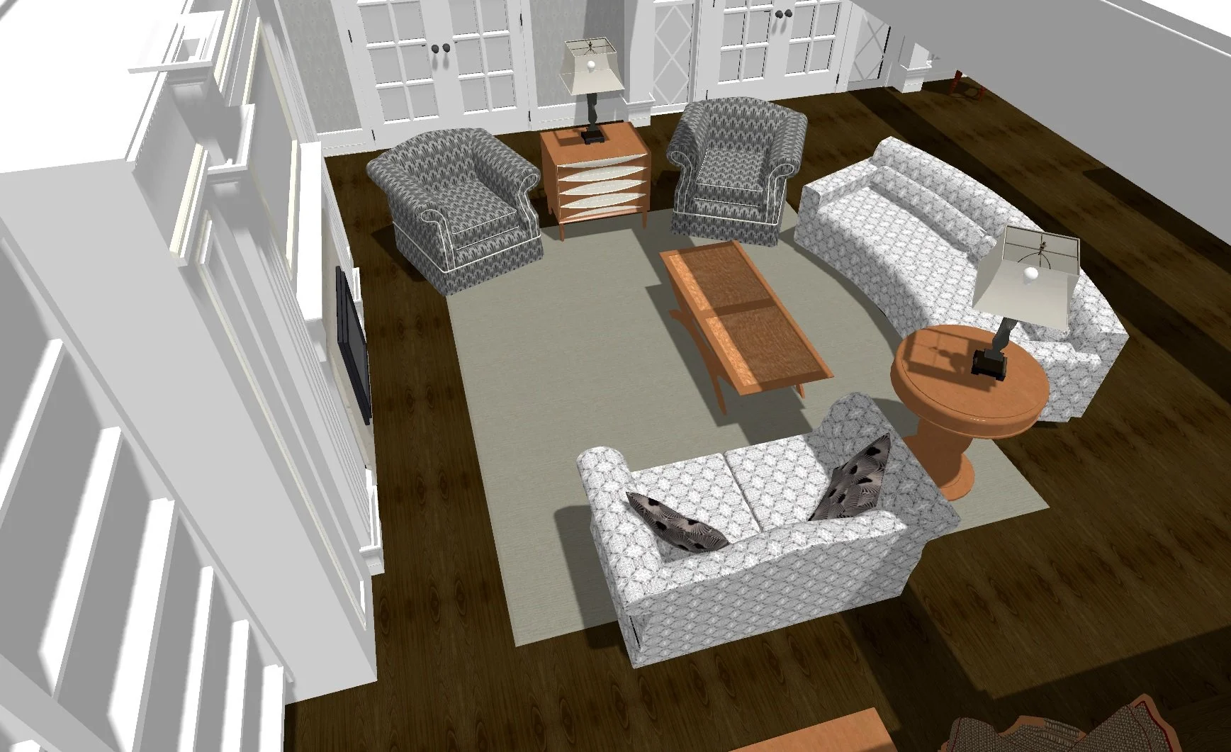Living room with patterned sofas, armchairs, wooden coffee table, side tables with lamps, a gray rug, and dark hardwood flooring.