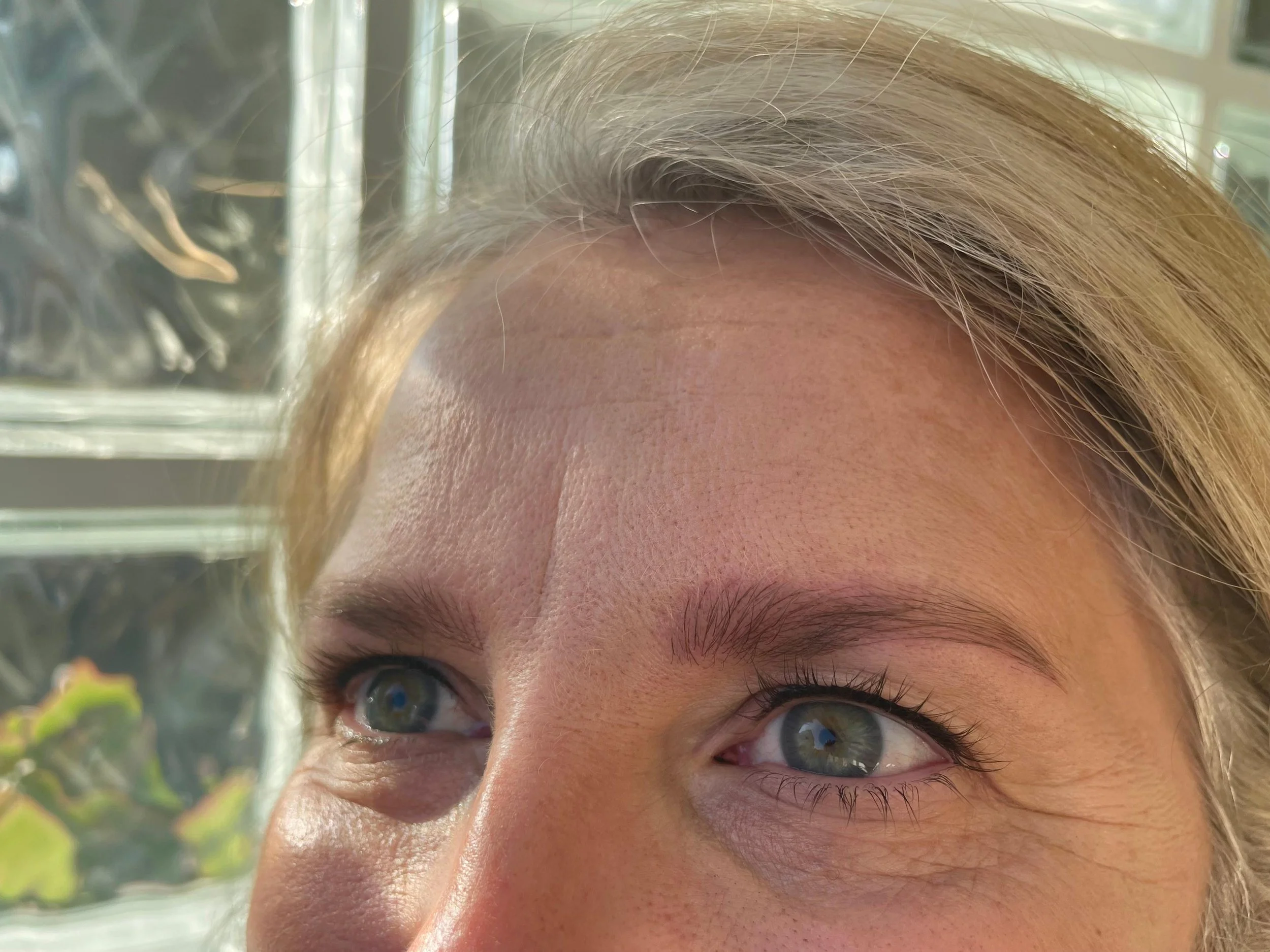 Close-up of a person's eyes and forehead with blue eyes and light blonde hair.