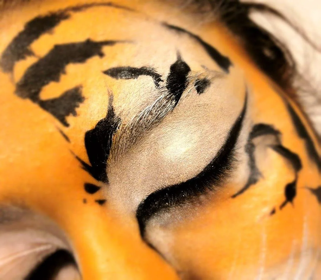 close-up tiger-inspired face paint on eyelid, black stripes, orange and white colors