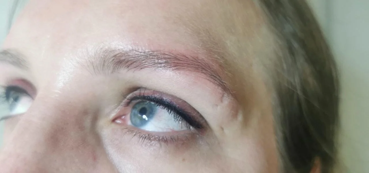 Close-up of a person's blue eye with makeup and eyebrow hair visible.