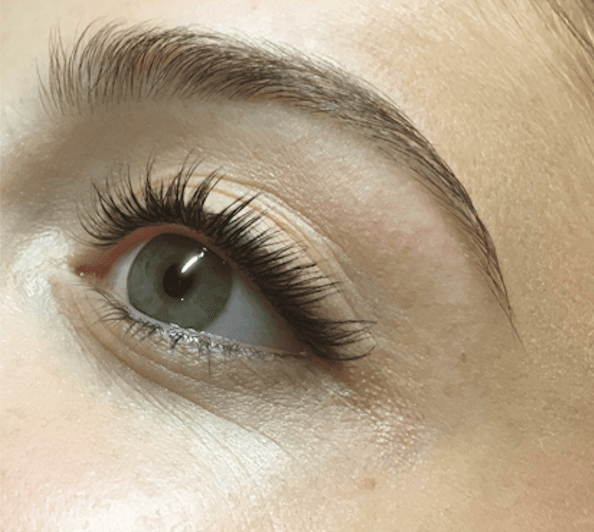 Close-up of an eye with long eyelashes and well-groomed eyebrow.