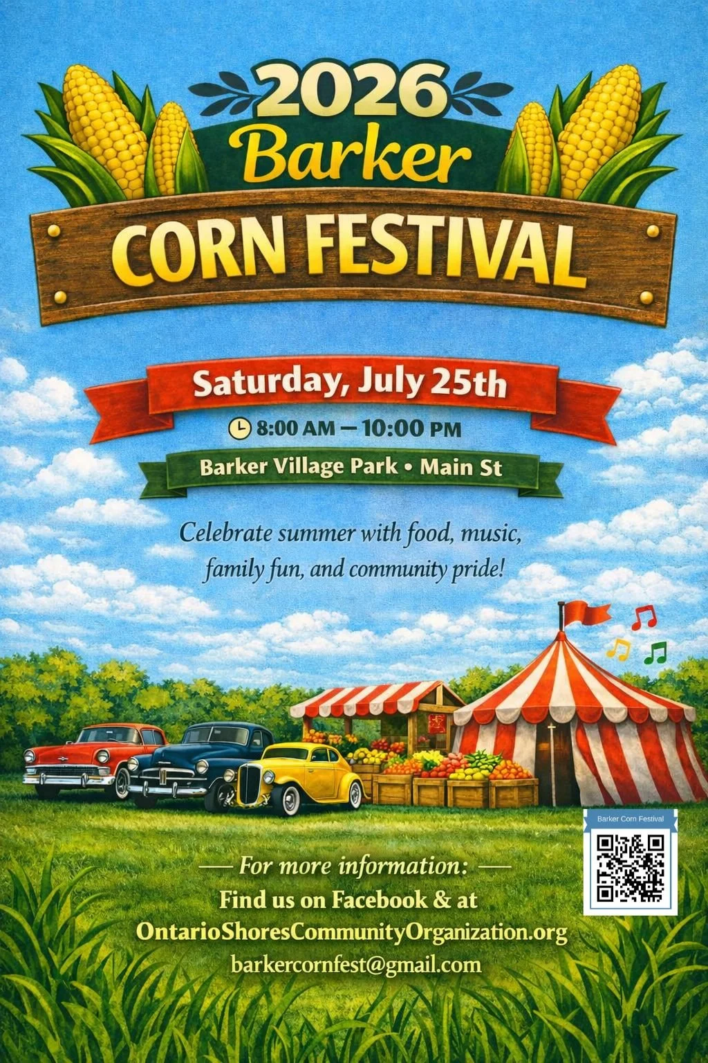 Colorful poster for the 2026 Barker Corn Festival at Barker Village Park on Saturday, July 25th from 8:00 AM to 10:00 PM, featuring vintage cars, a tent, and a food stand with fruits, with text encouraging celebration with food, music, and family fun.
