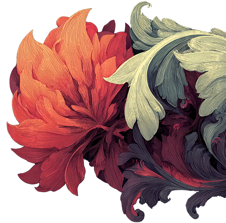 Illustration of large, detailed flowers in shades of red, cream, purple, and dark red against a black background.