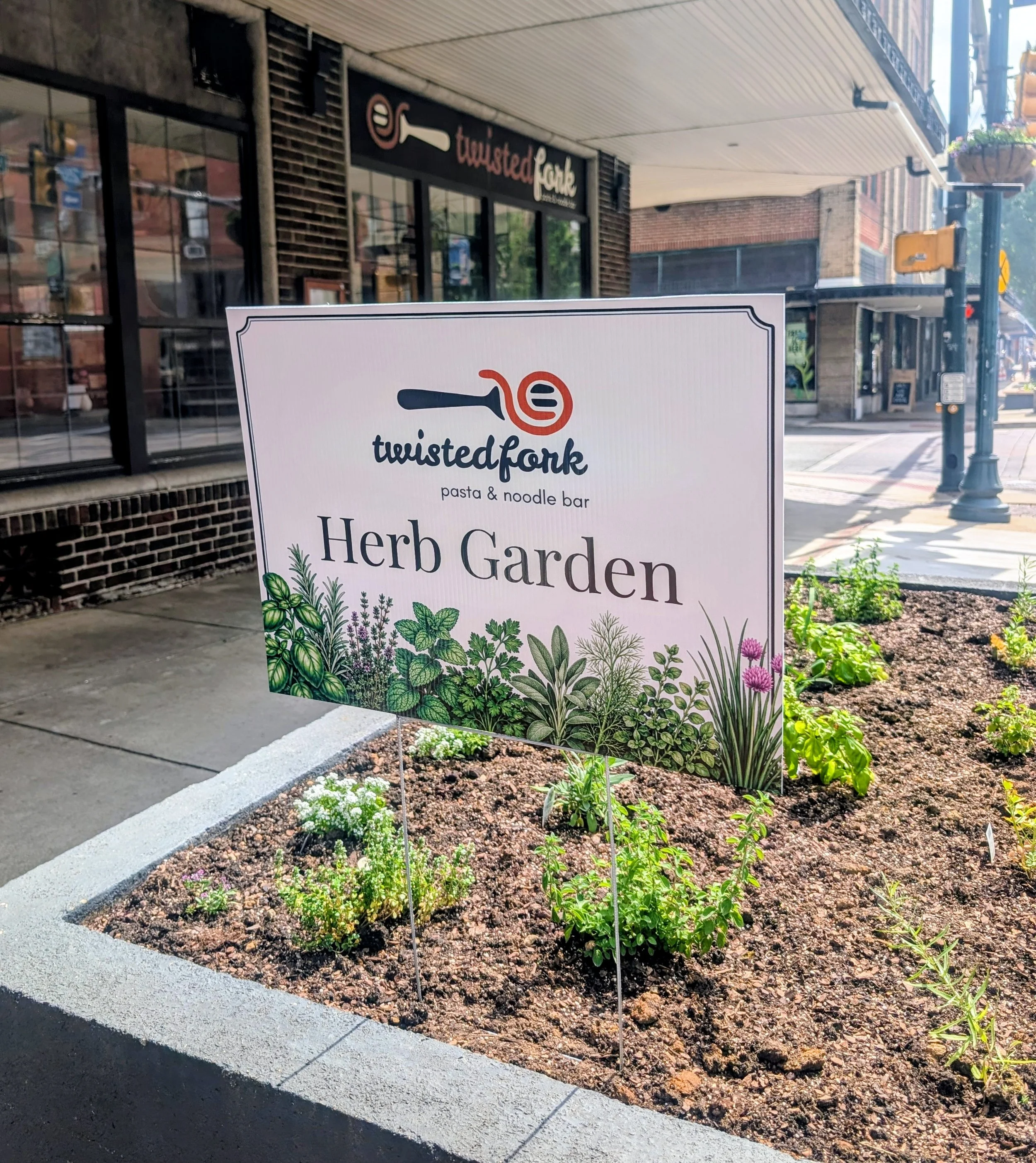 Urban scene showing a sidewalk and a garden bed with herbs, with a sign for Twisted Fork pasta & noodle bar in front of a building on a sunny day.