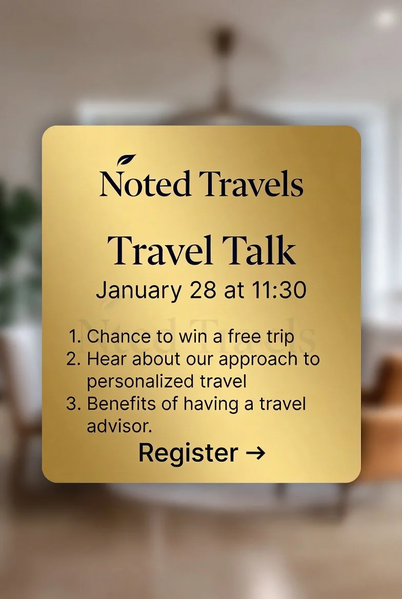 A yellow flyer advertising a travel talk event hosted by Noted Travels, scheduled for January 28 at 11:30, with details about chances to win a free trip, learn about personalized travel, and benefits of a travel advisor, with a call to action to register.