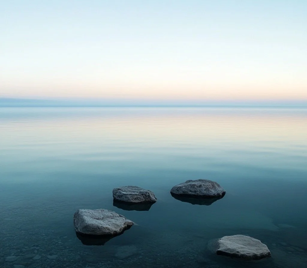 Calm water with four large rocks partially submerged, under a clear sky at dawn or dusk.