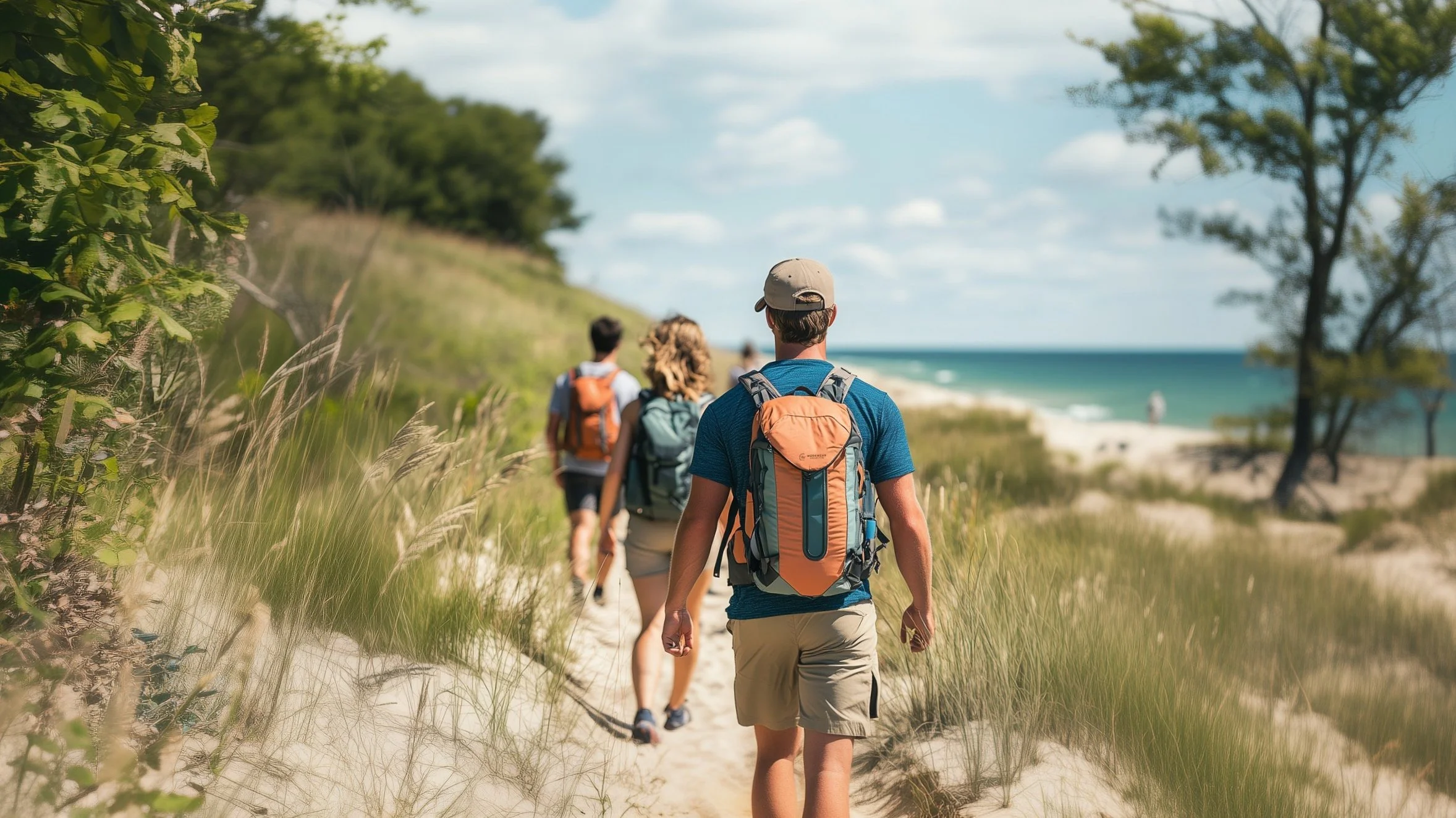 Three people wearing backpacks hiking along a sandy path near a beach on a sunny day, with grass and trees lining the trail.