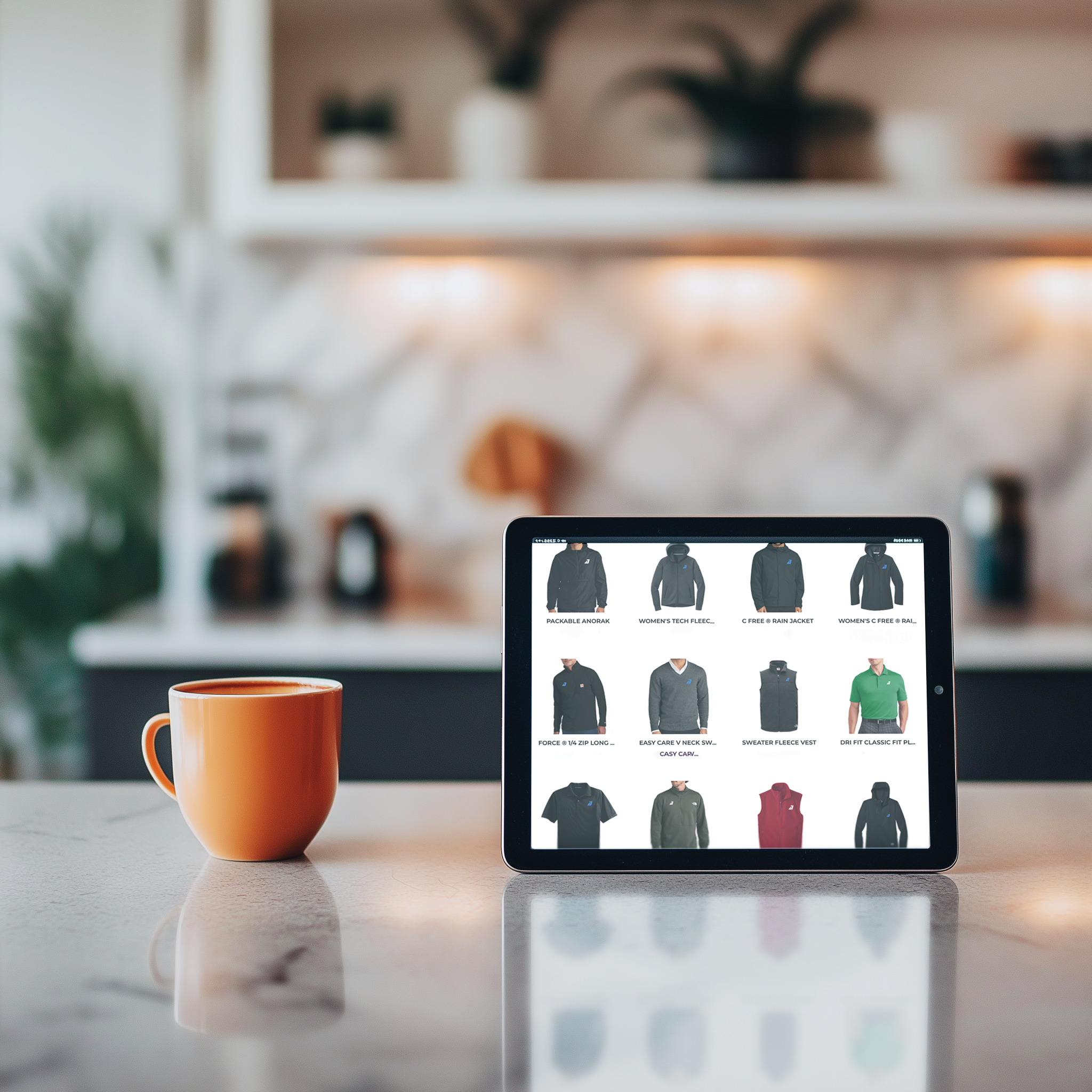 Tablet displaying clothing catalog on a countertop next to an orange mug in a kitchen.