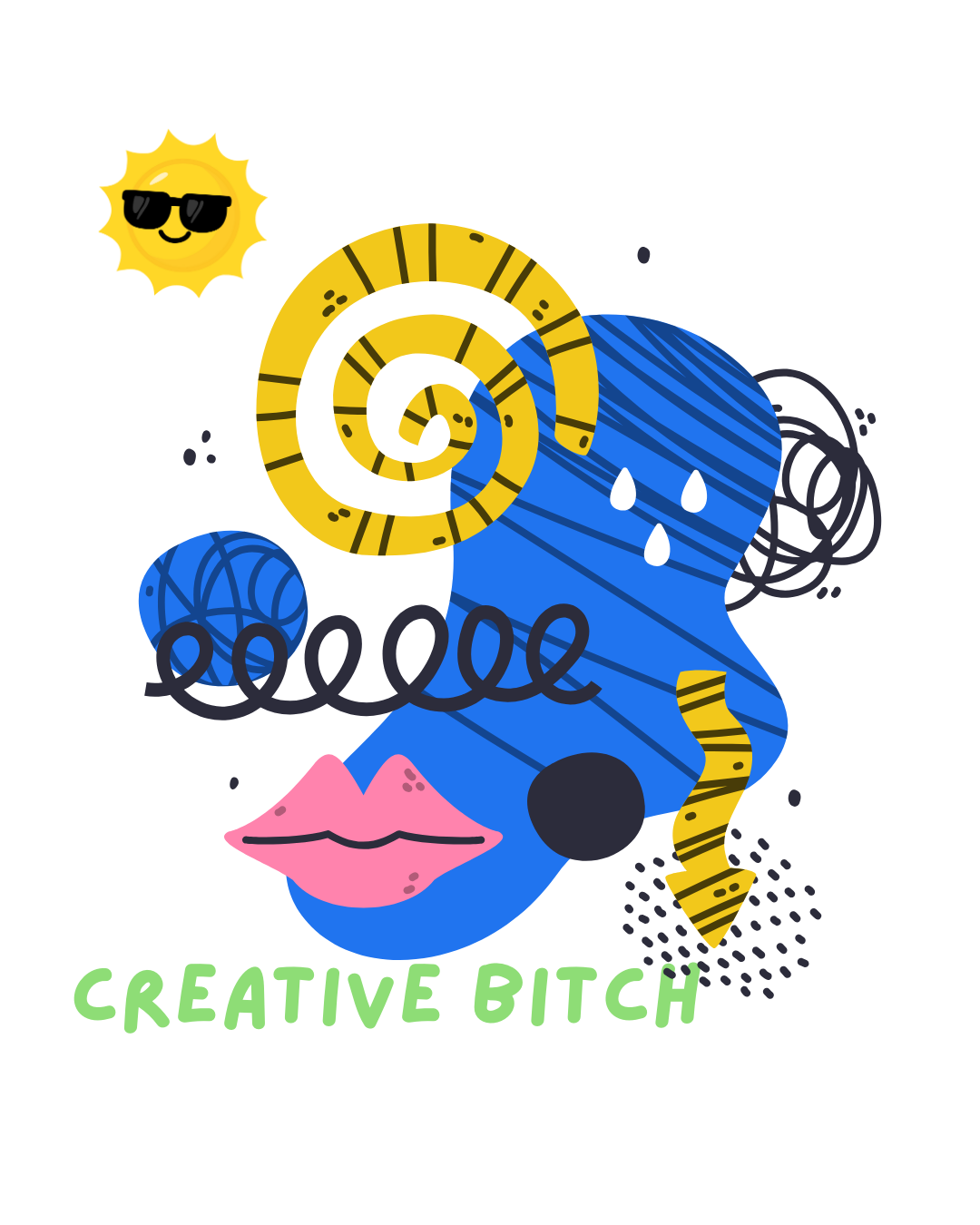 Abstract illustration of a face made of colorful doodles and shapes, including a yellow spiral, blue eye, pink lips, a yellow arrow, and a smiling sun wearing sunglasses, with the words 'Creative Bitch' written in green at the bottom.