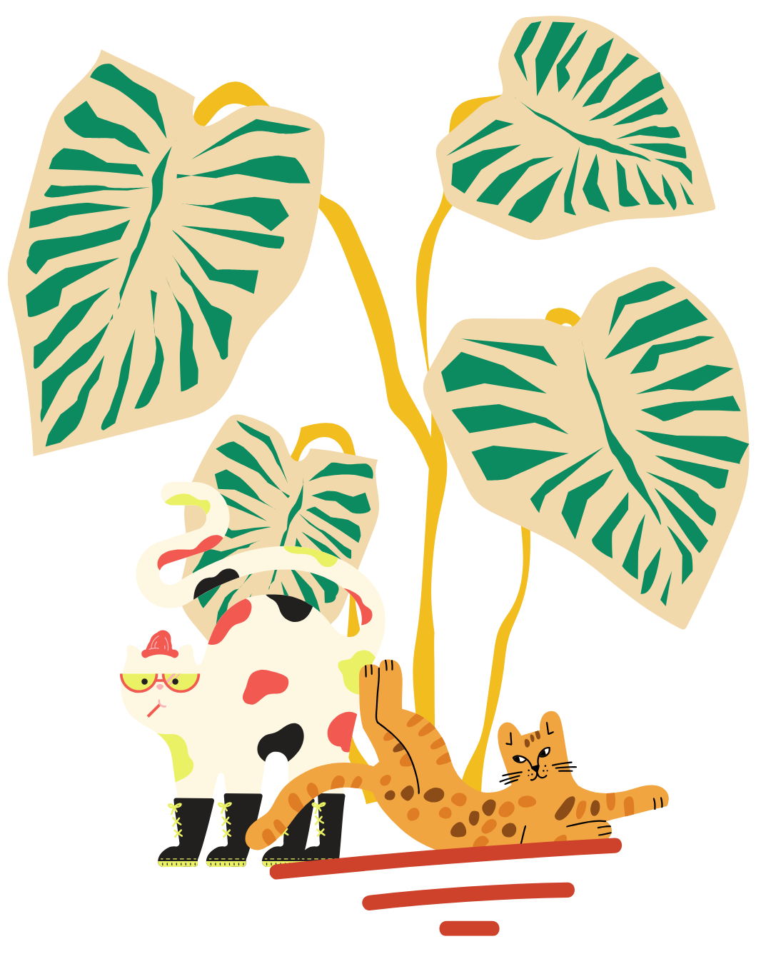 Illustration of a large tropical plant with green and beige leaves, a white cow with colorful patches and glasses, an orange cheetah lying down, and a small cat wearing black boots.