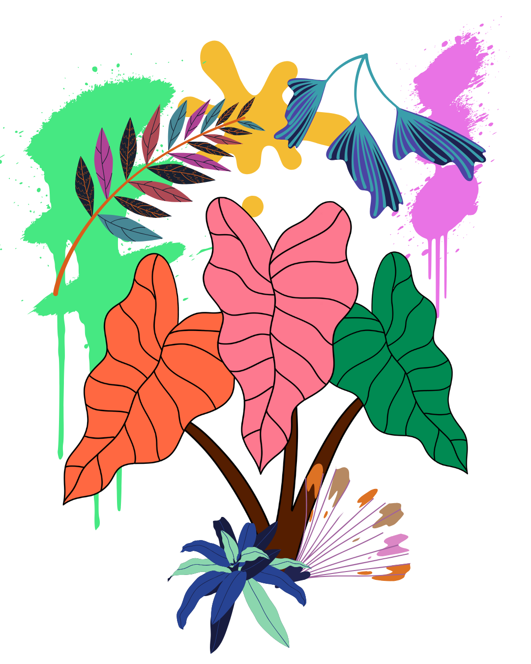 An abstract illustration of a tropical plant with large, colorful leaves—orange, pink, and green—with background elements of purple and blue leaves and a stylized green background.