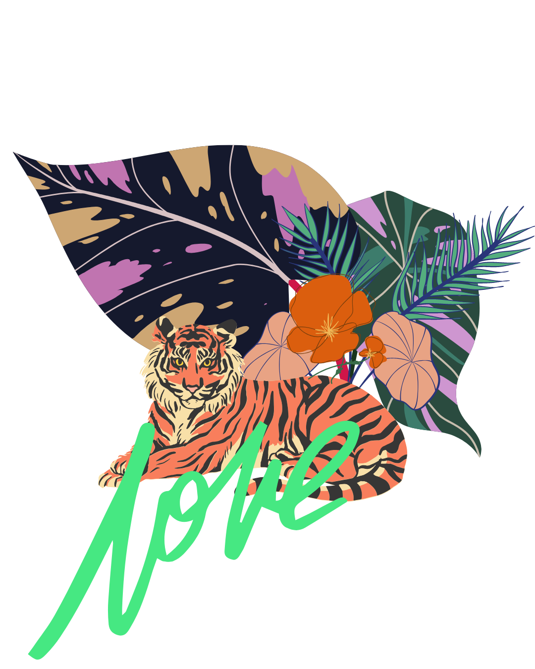 A colorful illustration of a tiger lying amidst tropical leaves and orange flowers with the word 'tropic' written across it in bright green cursive font.