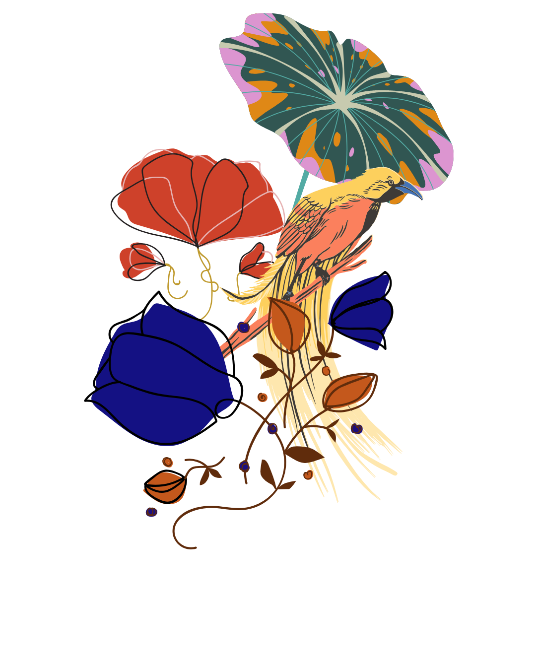 Colorful illustration of a bird perched on a branch amidst large, vibrant leaves and flowers, with abstract background elements.