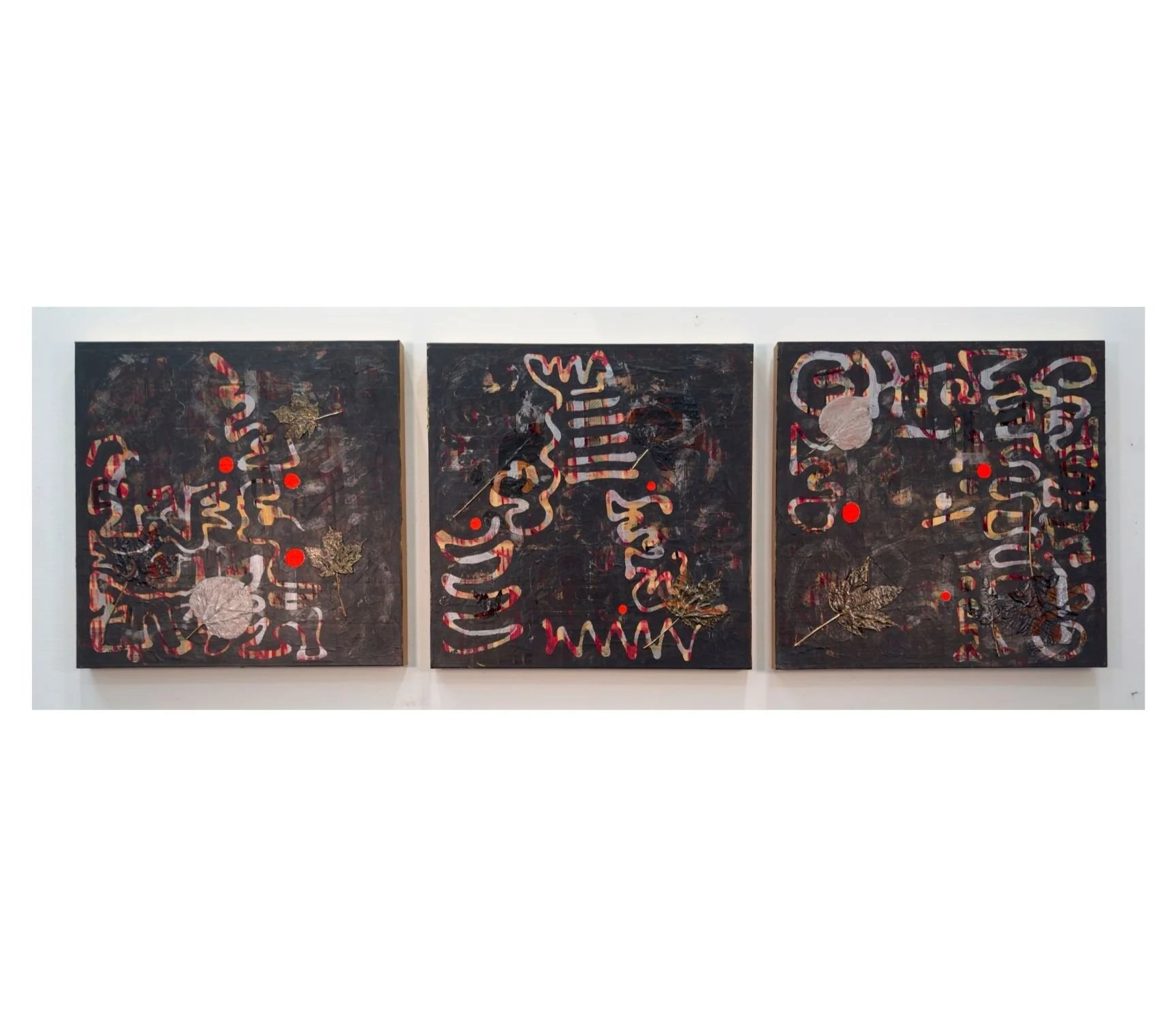 Nansi Lent, Redacted Triptych, 2025, collage, acrylic, mica, Flashe, laquer, each panel 24 x 24 inches