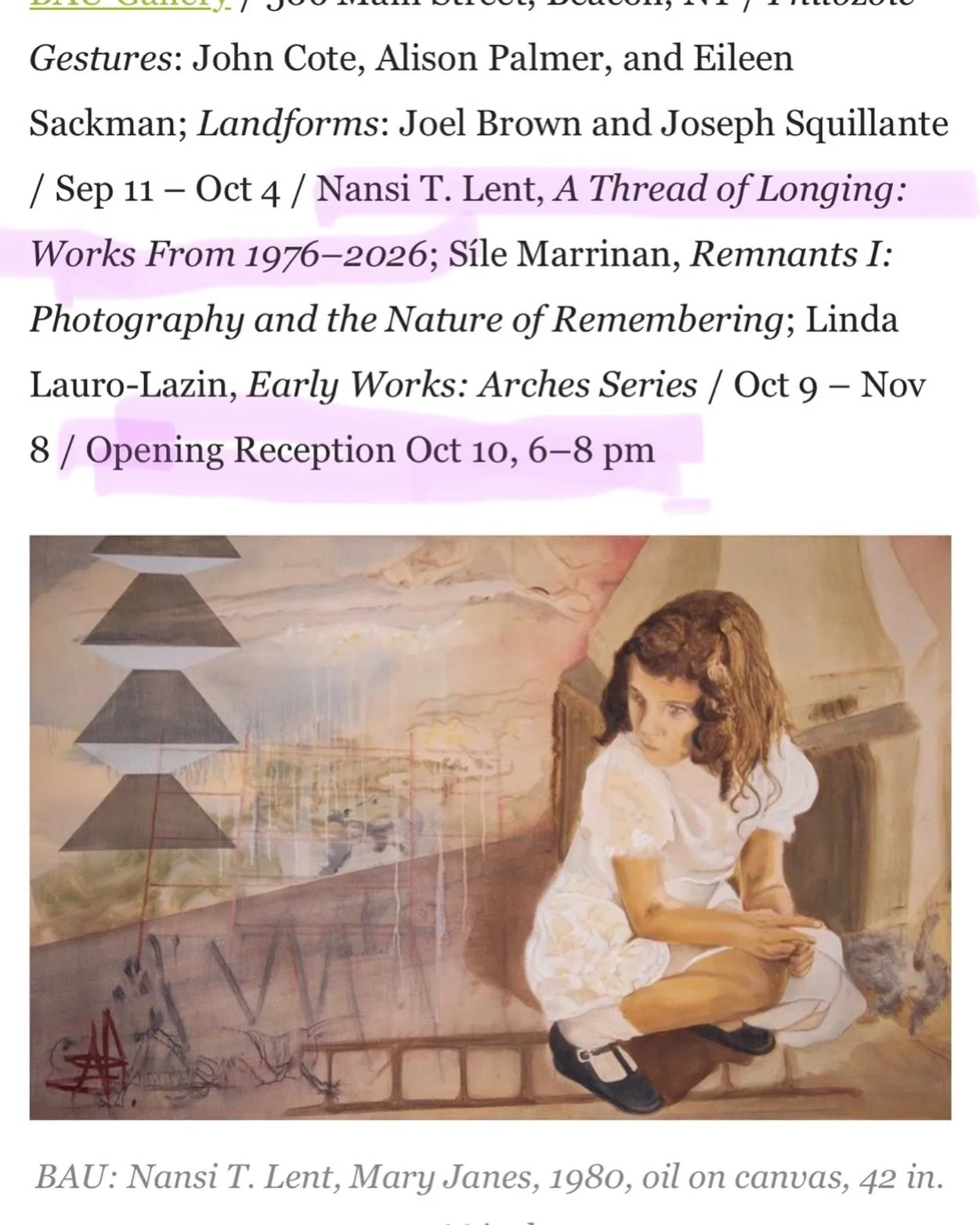 I&rsquo;m very excited to be taking a look back on my life in art over 5 decades, and point to where it&rsquo;s headed.  Join me @baugallery, Oct.9th-Nov.8th!

#empowerwomenartists 
#youngartcollectors
#artwriters 
#art_curators 
#artsmidhudson