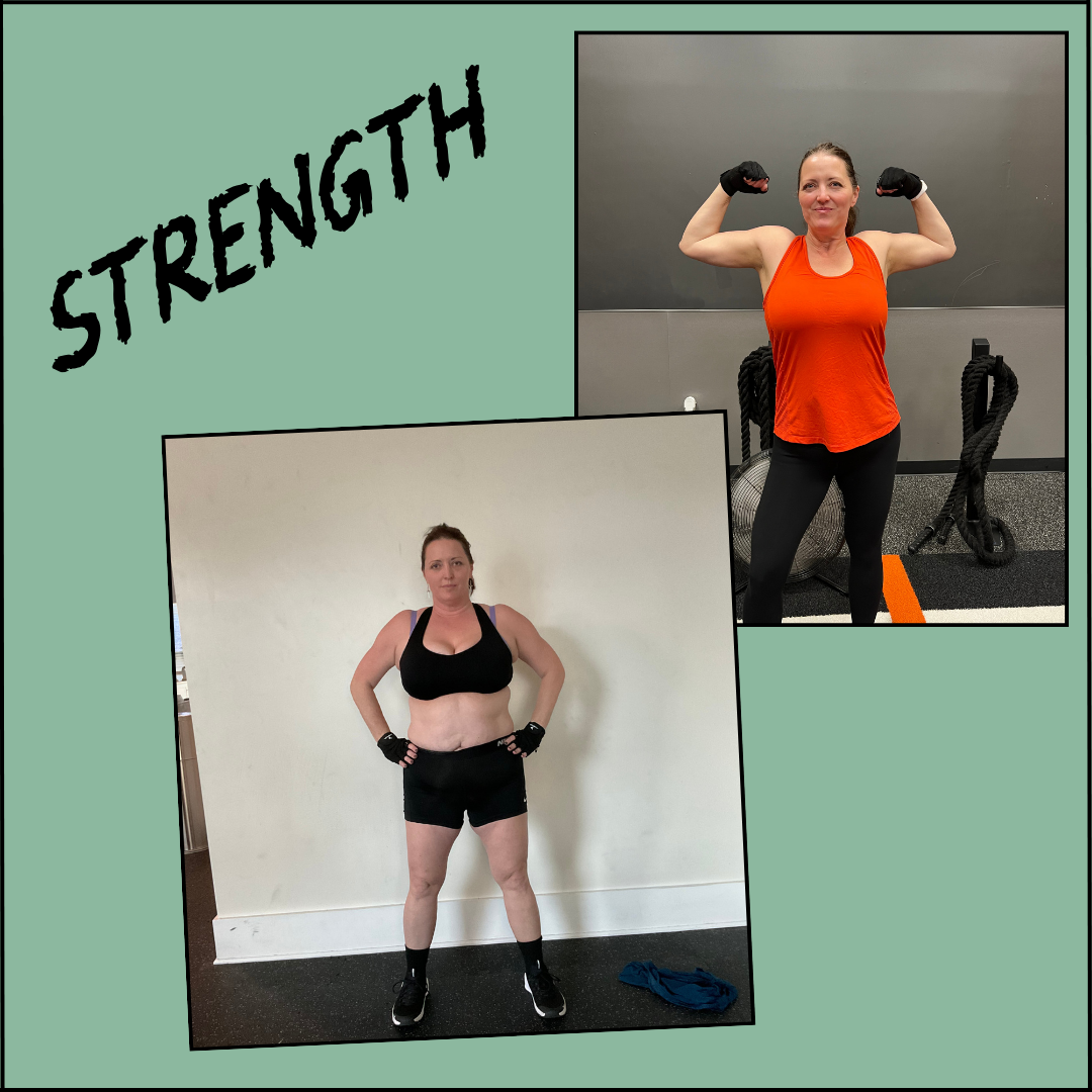 Two women in workout attire: the woman on the right is wearing an orange tank top and black leggings, flexing her biceps in a gym; the woman on the left is wearing a black sports bra, shorts, and gloves, standing with hands on hips against a white wall, indicating strength.