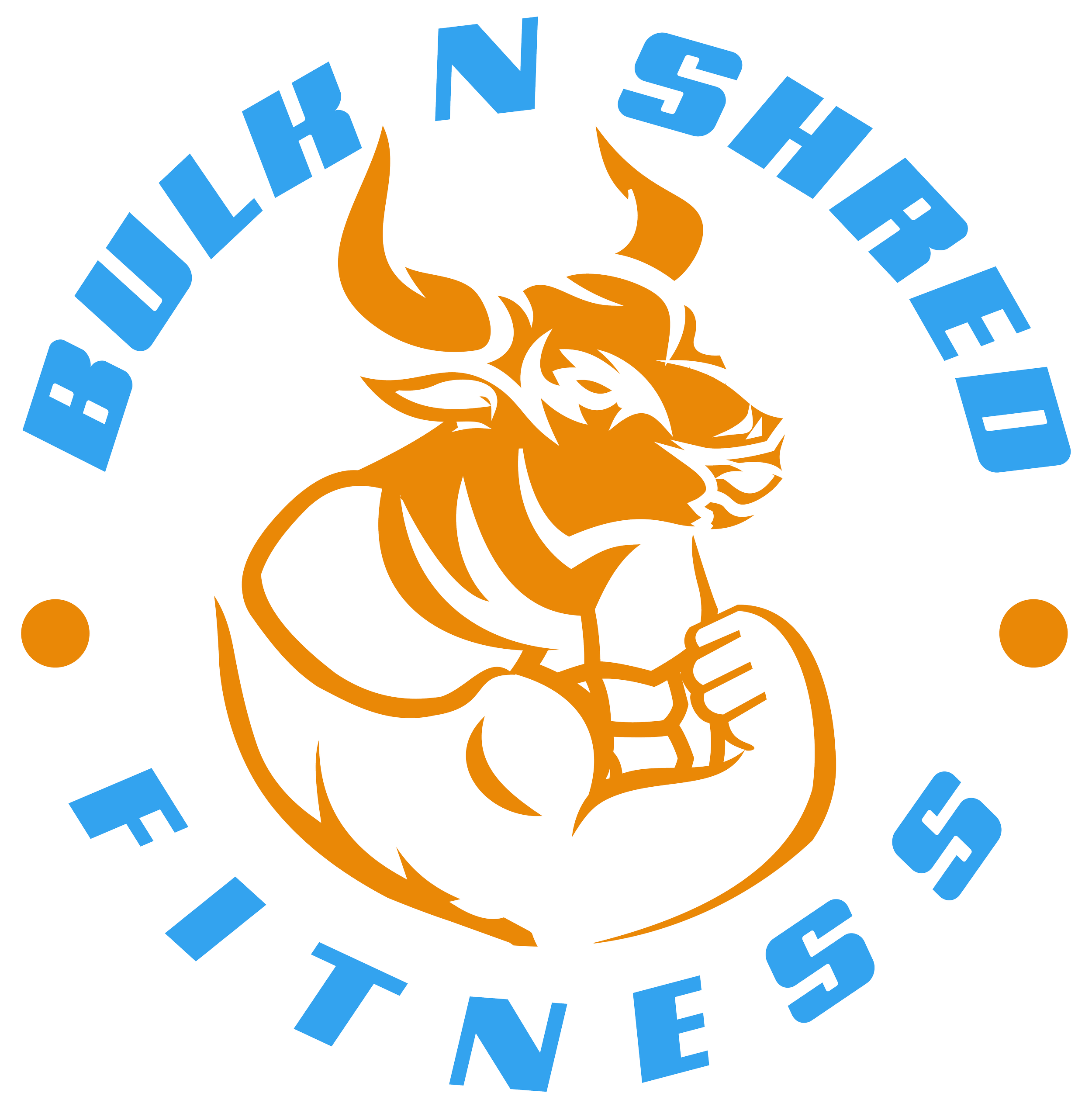 Logo of Bullhead Shirt Fitness, featuring an angry bull with clenched fists enclosed in a circle, with the words 'Bullhead Shirt' curved around the top and 'Fitness' at the bottom in blue letters.