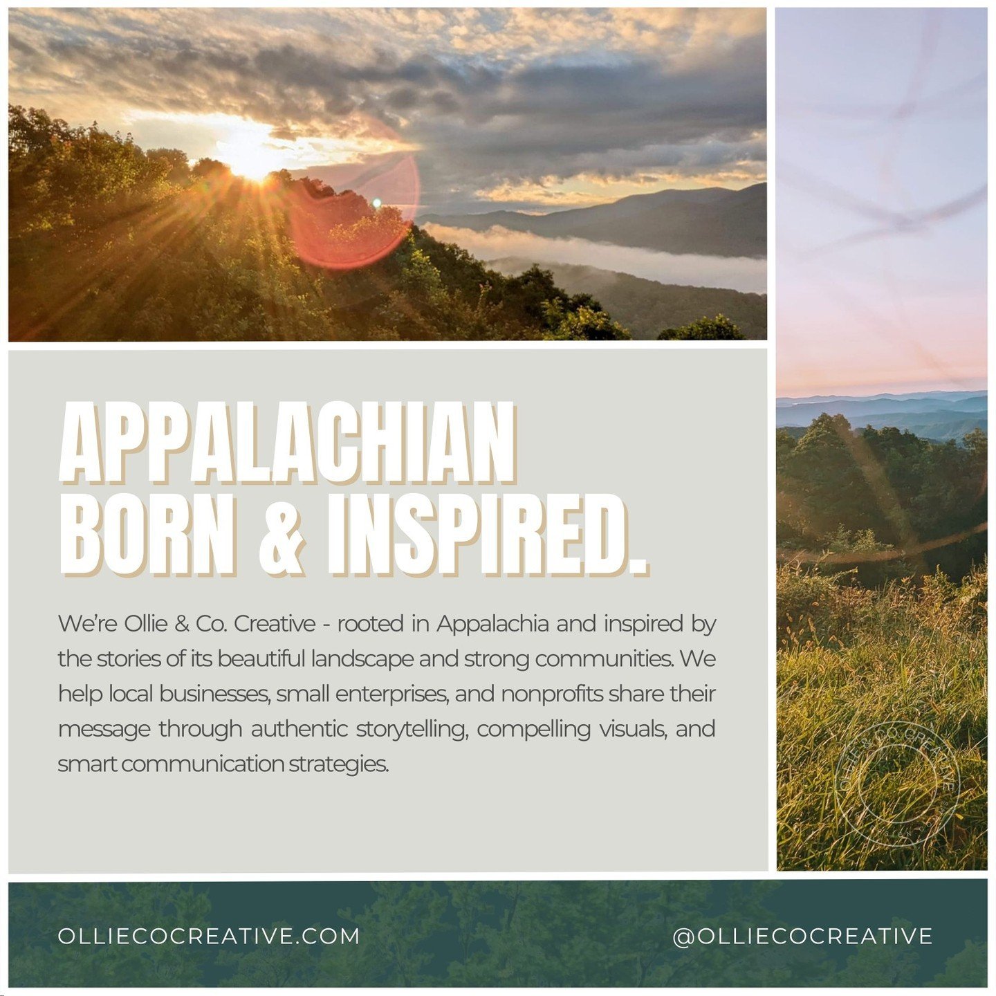 We&rsquo;re Ollie &amp; Co. Creative! Rooted in Appalachia and inspired by the stories of its landscape and community, we partner with small businesses and nonprofits to help them:
✨ Tell their story with clarity
🎨 Showcase their impact with compell