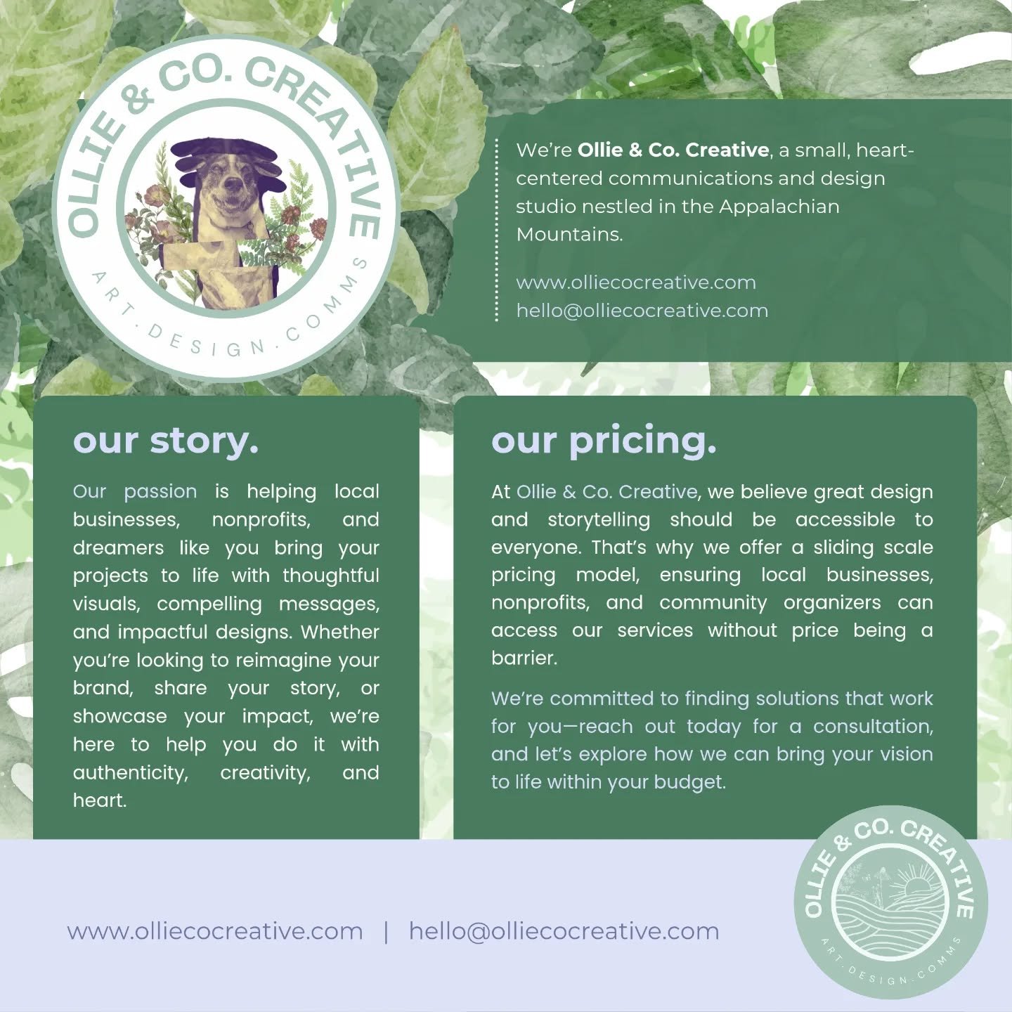 At Ollie &amp; Co. Creative, we believe in the power of visual storytelling, thoughtful design, and authentic communication. Based in the Appalachian Mountains, we&rsquo;re dedicated to helping local businesses, nonprofits, and dreamers bring their i