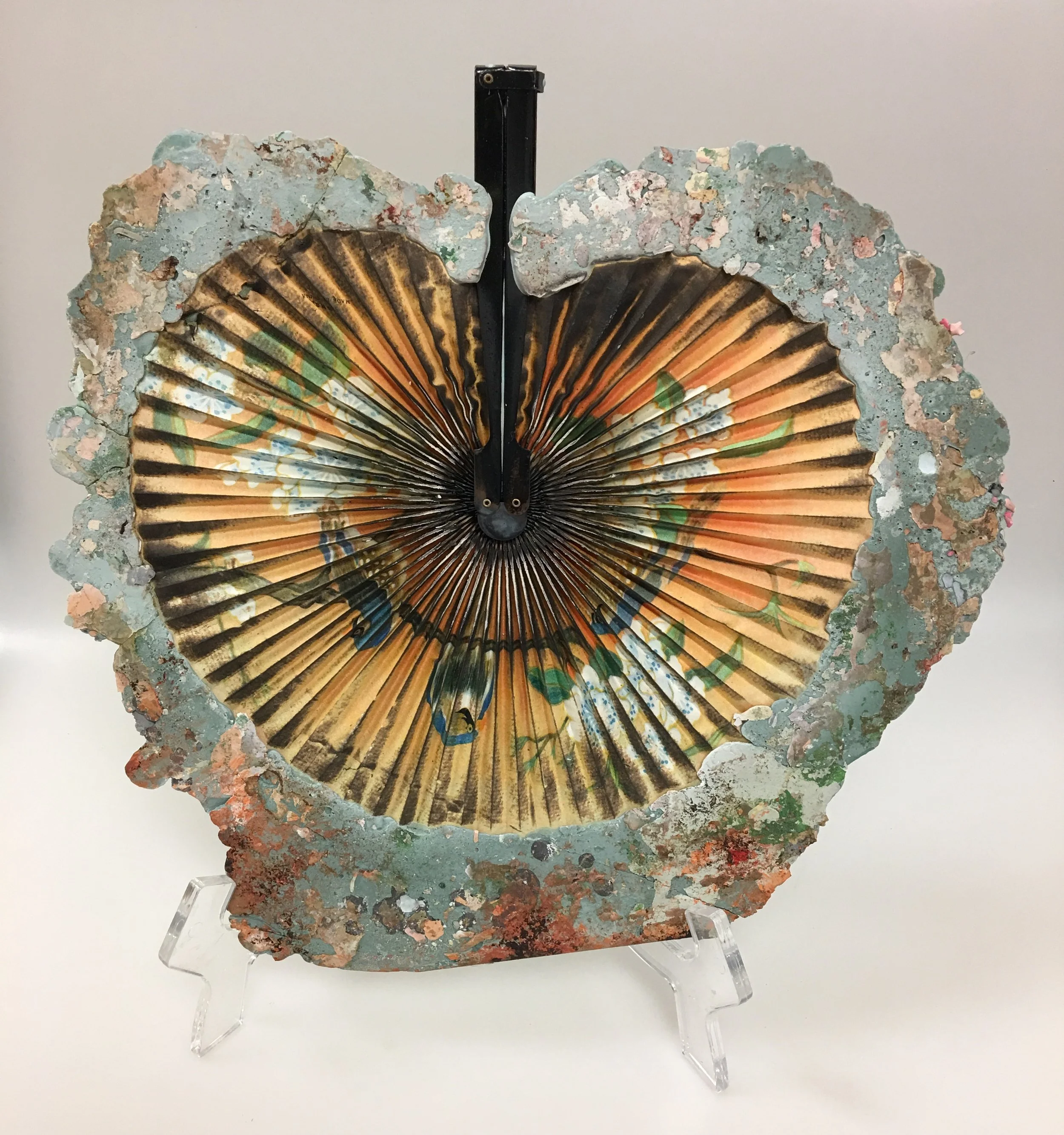 Paper fan embedded in Hydrostone, silk, pigment, 12 x 12 x 1 inches, 1997