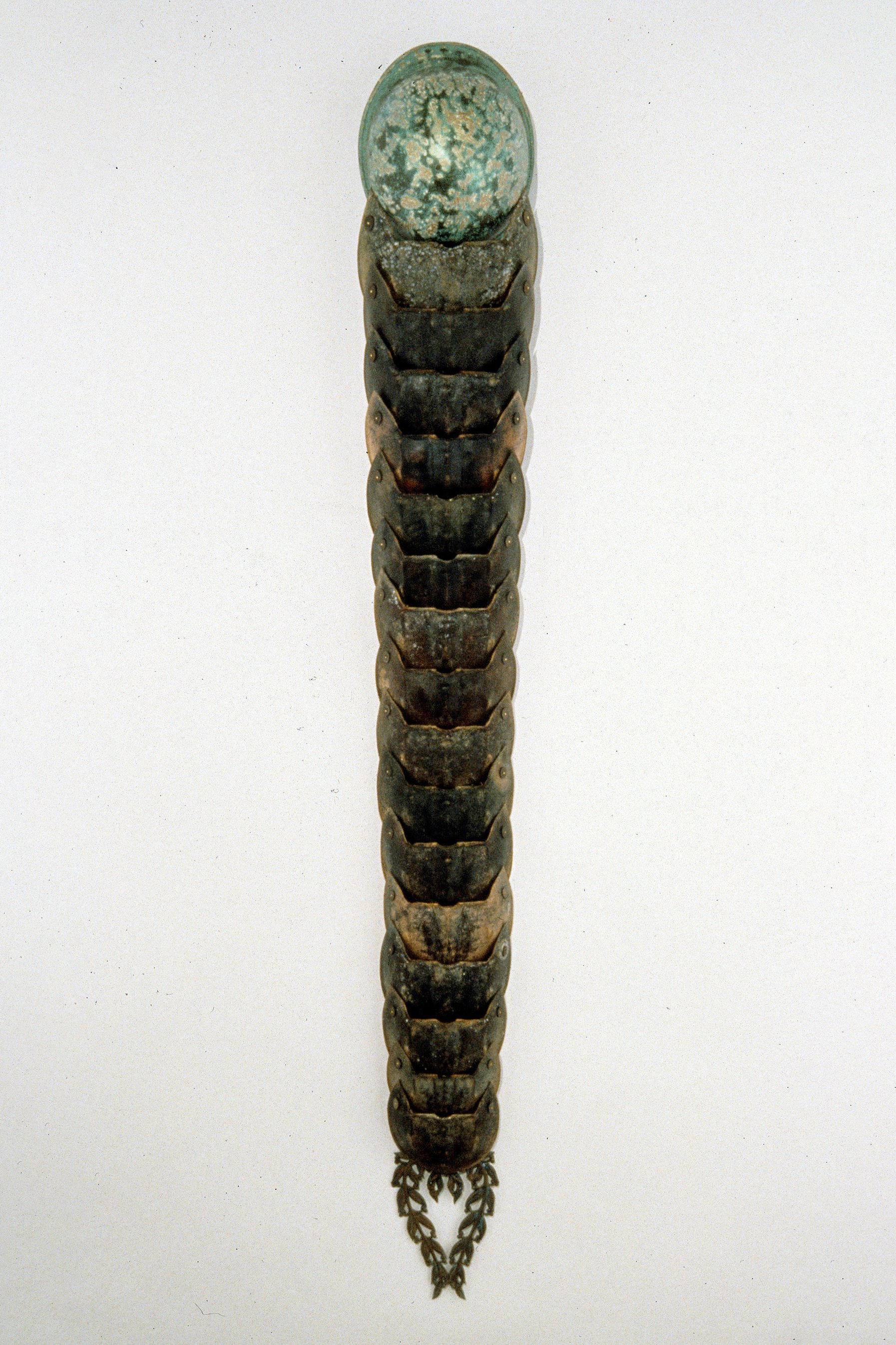 Horseshoe (Helmet), 60 x 12 x 10 inches, horseshoe crab shells, coconut heishi, wire, 1999
