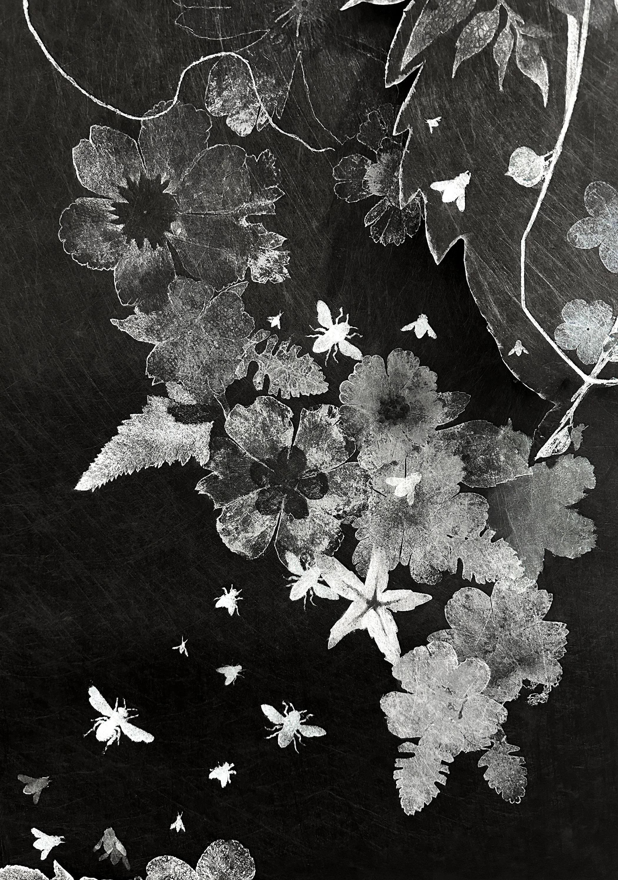 Monotype collage on Lutradur (detail), Akua Ink, Acrylic Ink, 108 x  112 inches, 2025