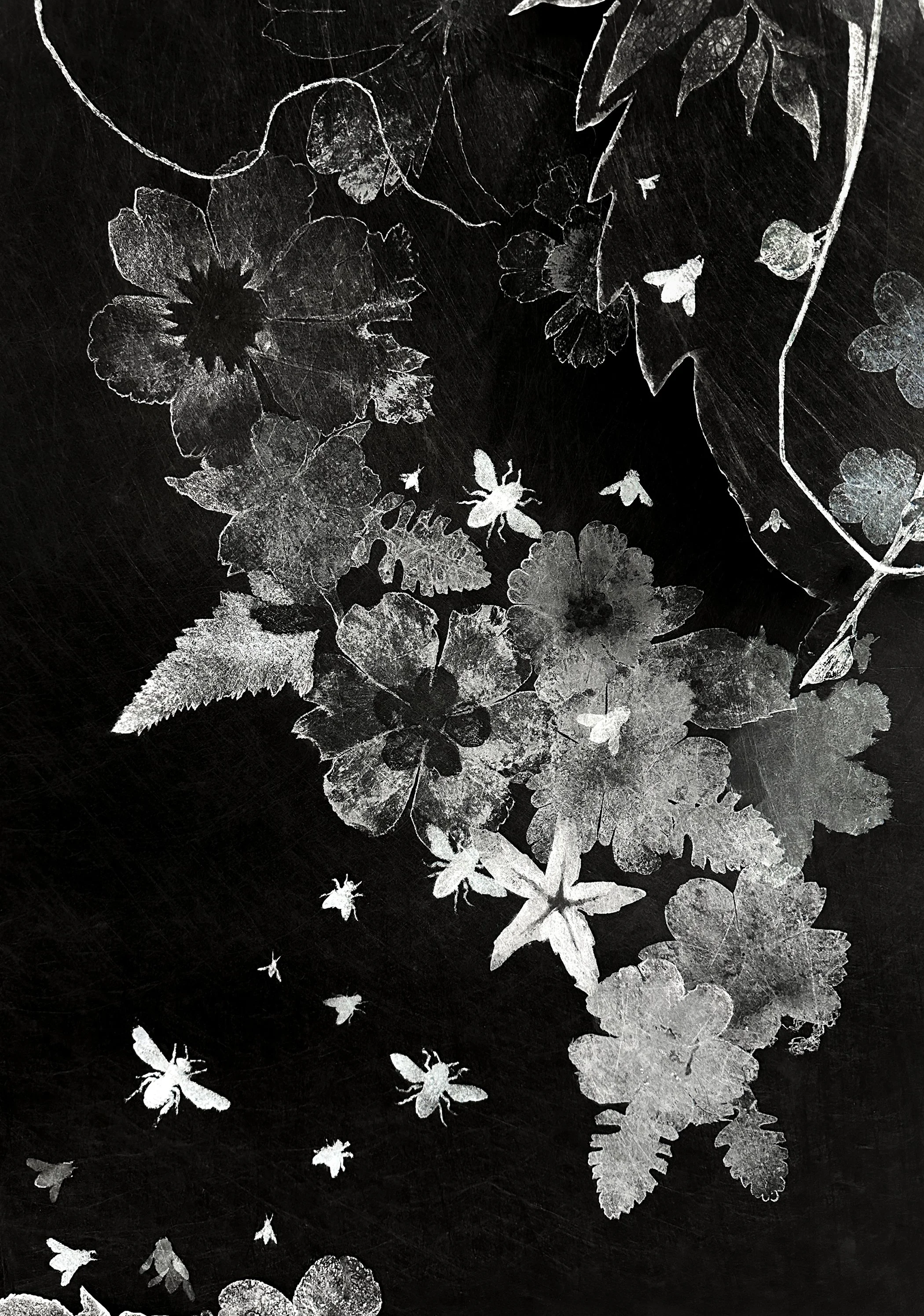 Monotype collage on Lutradur (detail), Akua Ink, Acrylic Ink, 108 x  112 inches, 2025