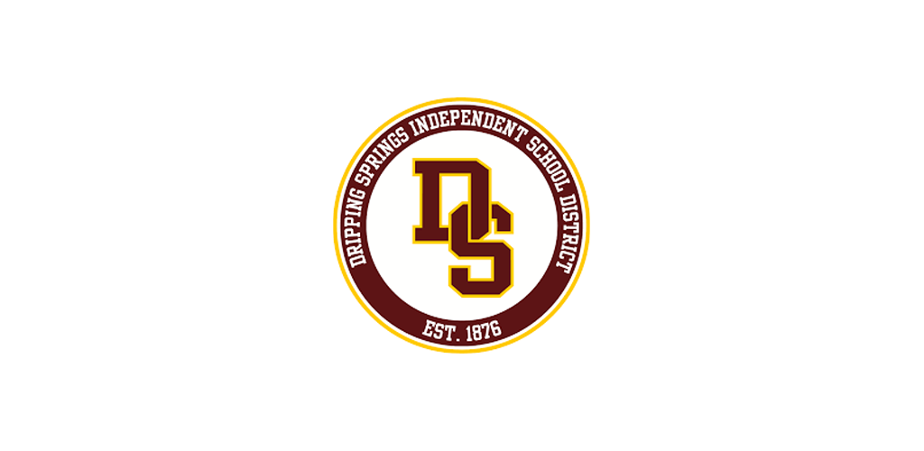 Logo of Dripping Springs Independent School District, featuring the initials DHS in maroon with gold outline, surrounded by a circular maroon and gold border with the district name and established year 1876.
