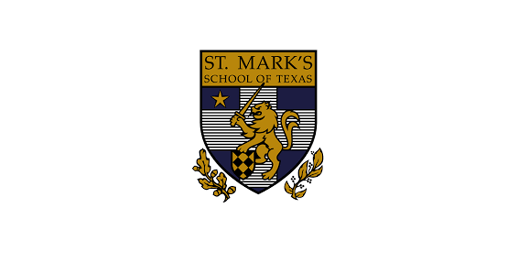 The emblem of St. Mark's School of Texas features a shield with a lion holding a sword, blue and white stripes, a star, and gold accents, with the text "St. Mark's School of Texas" at the top.