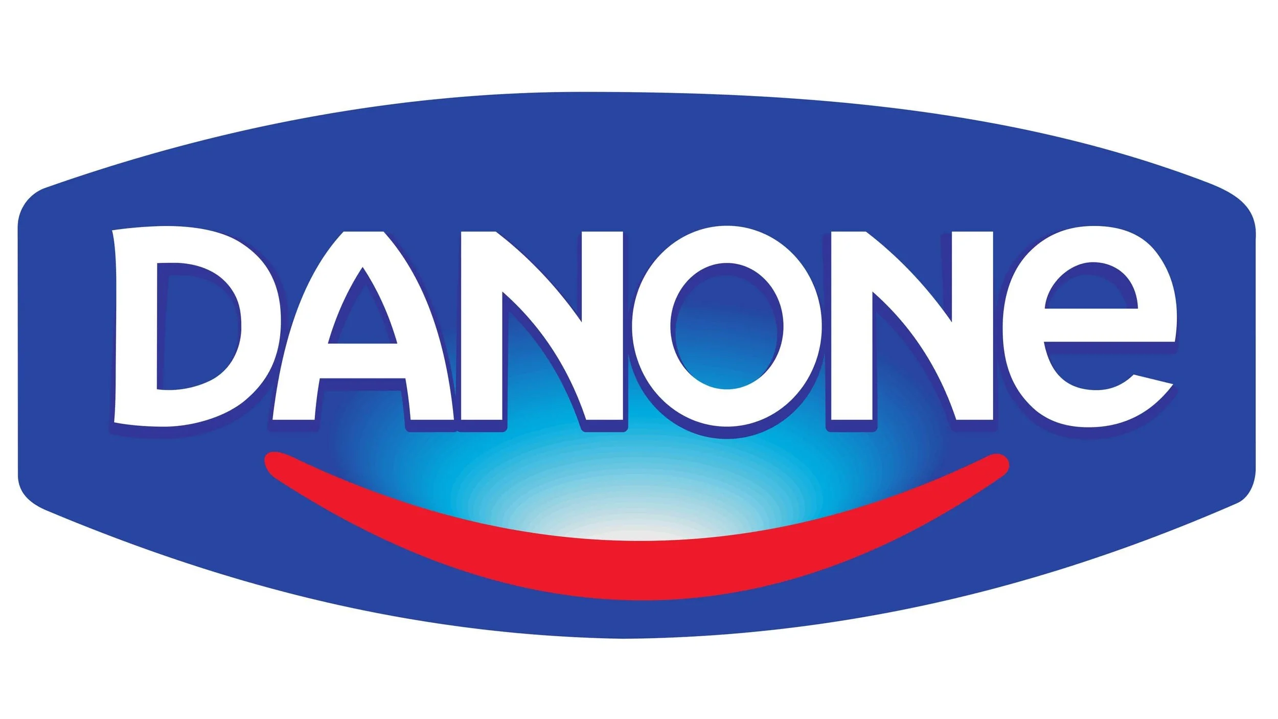 Danone logo with blue oval background, white text, and a red curved line resembling a smile.