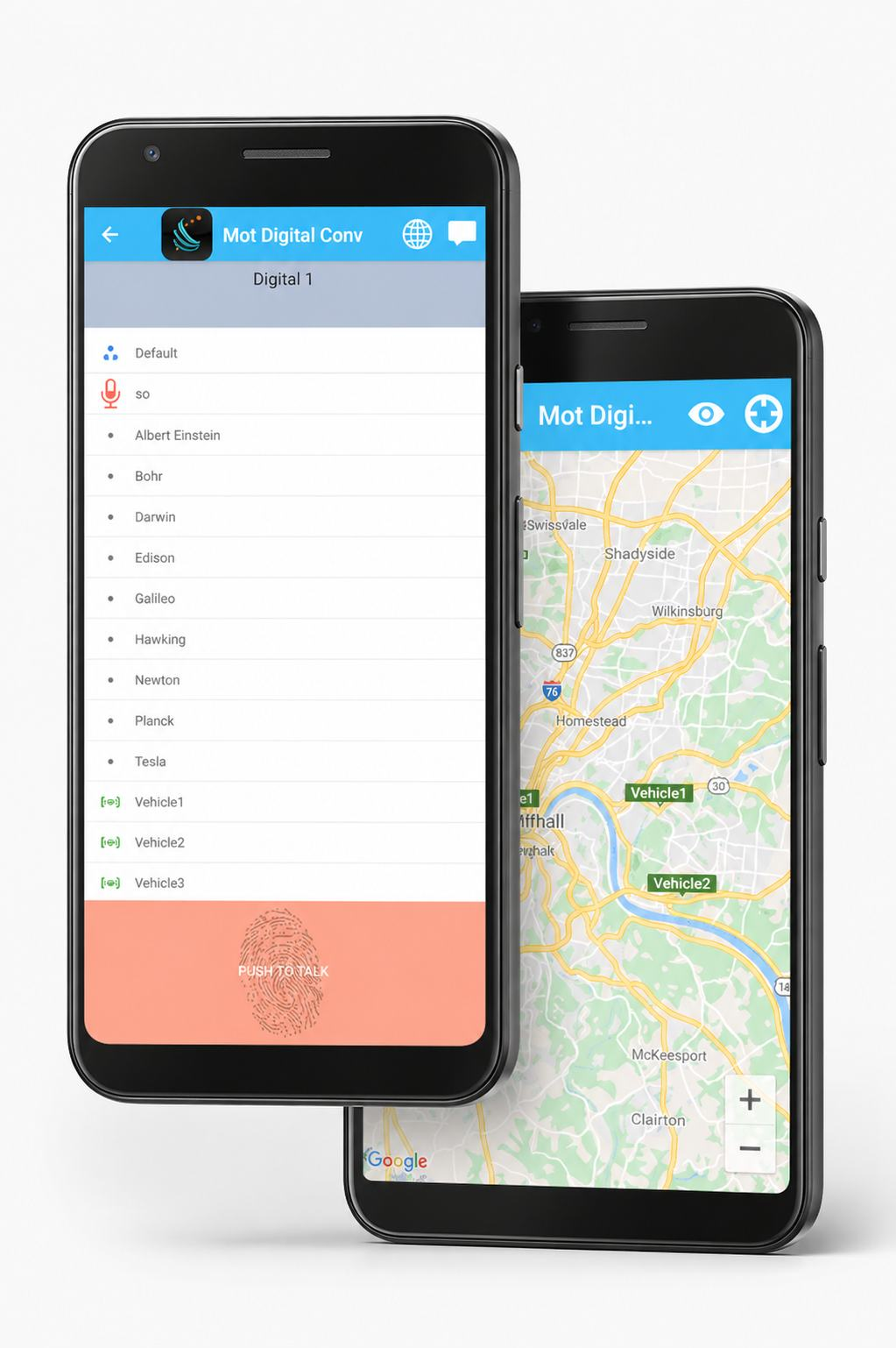 RadioPro Talk app dual phone mockup