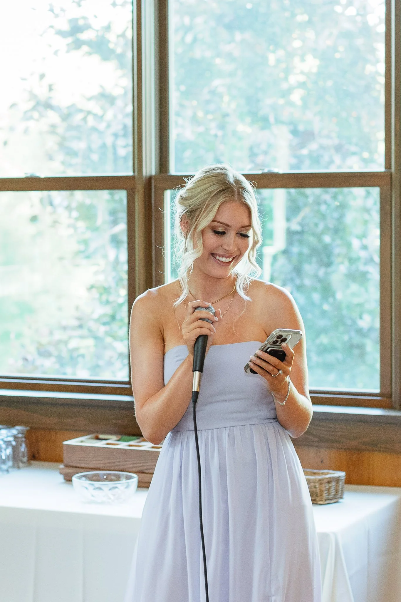 A close up of the maid of honor giving a toast at the Drumore Estae